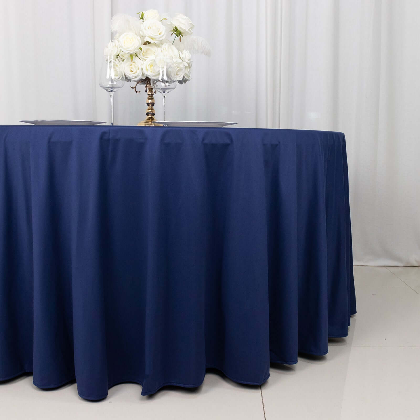 Hot Deal! Premium Navy Blue 120' Round Scuba Polyester Wrinkle-Free & Stain-Resistant Tablecloth