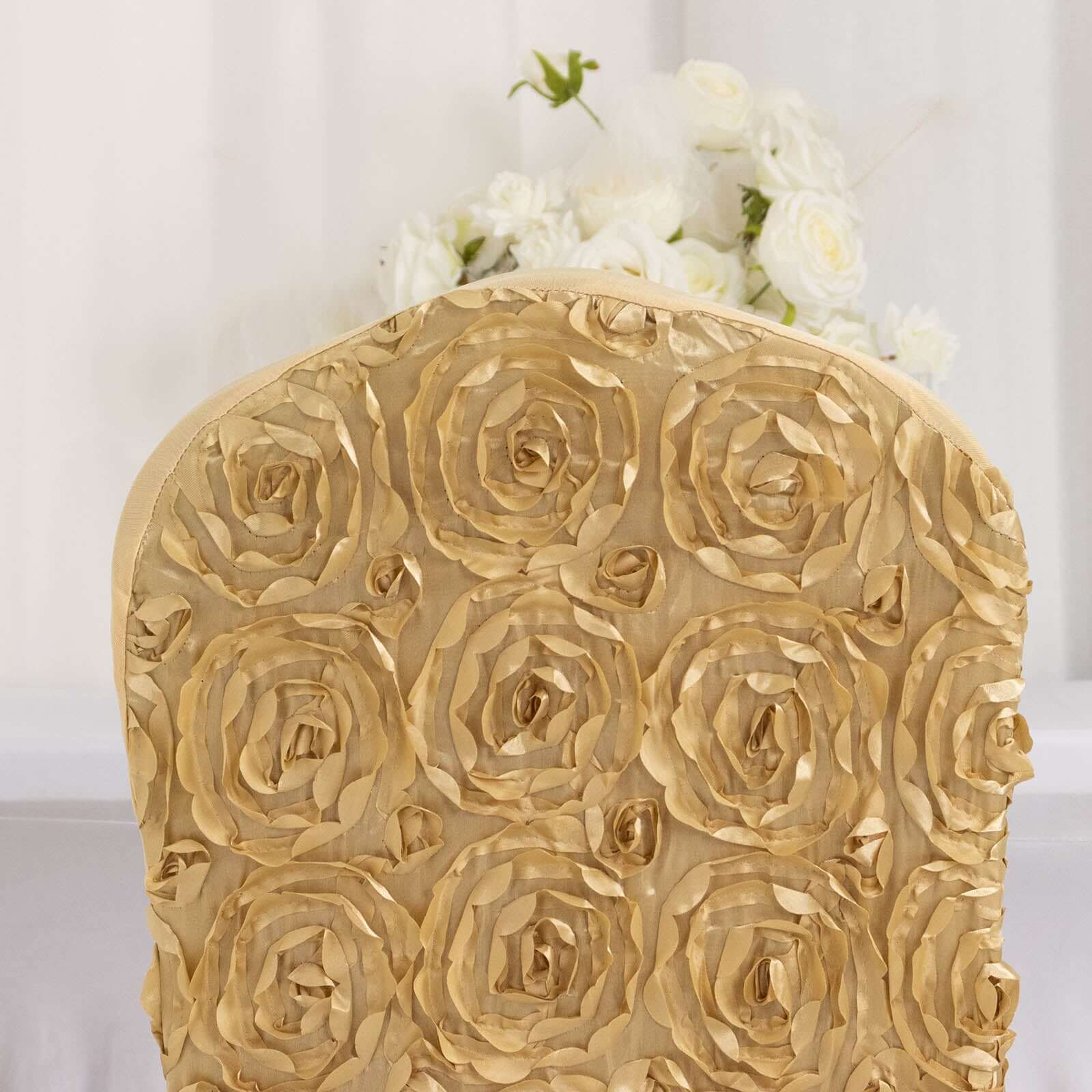 Hot Sale! Stretch Fitted Champagne Satin Rosette Slip-On Chair Cover for Banquet Chairs