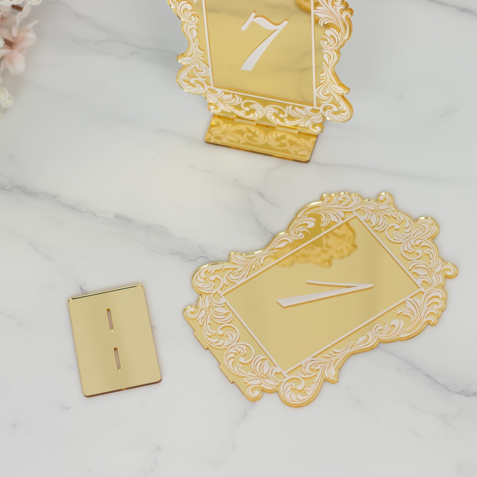 Hot Sale! 10-piece Gold & White Acrylic Wedding Table Numbers (1 - 10) with Baroque Lace Border & Stands