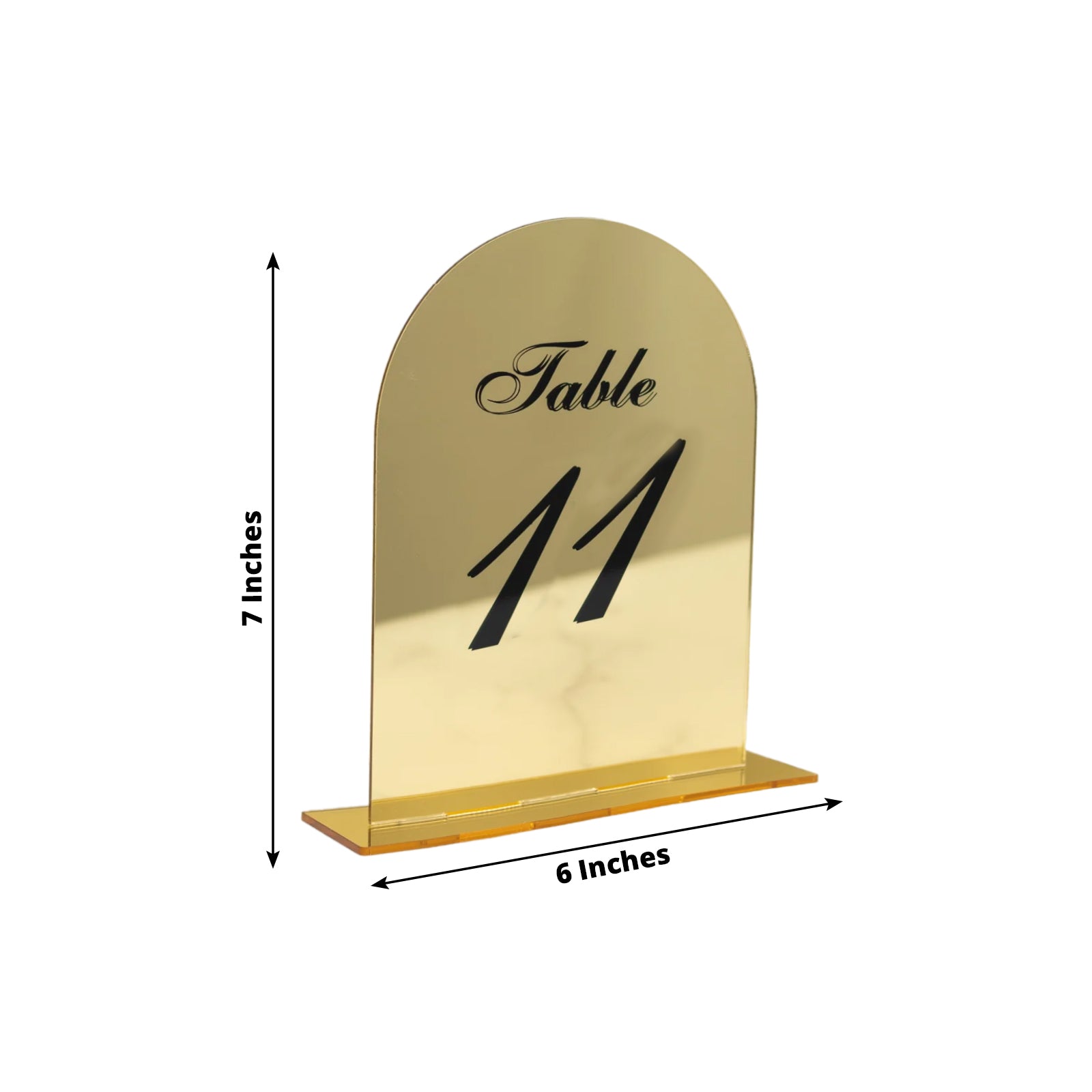 Gold Mirror Arch Acrylic Wedding Table Numbers (11 - 20) - 6x7 Signs with Black Print & Stands