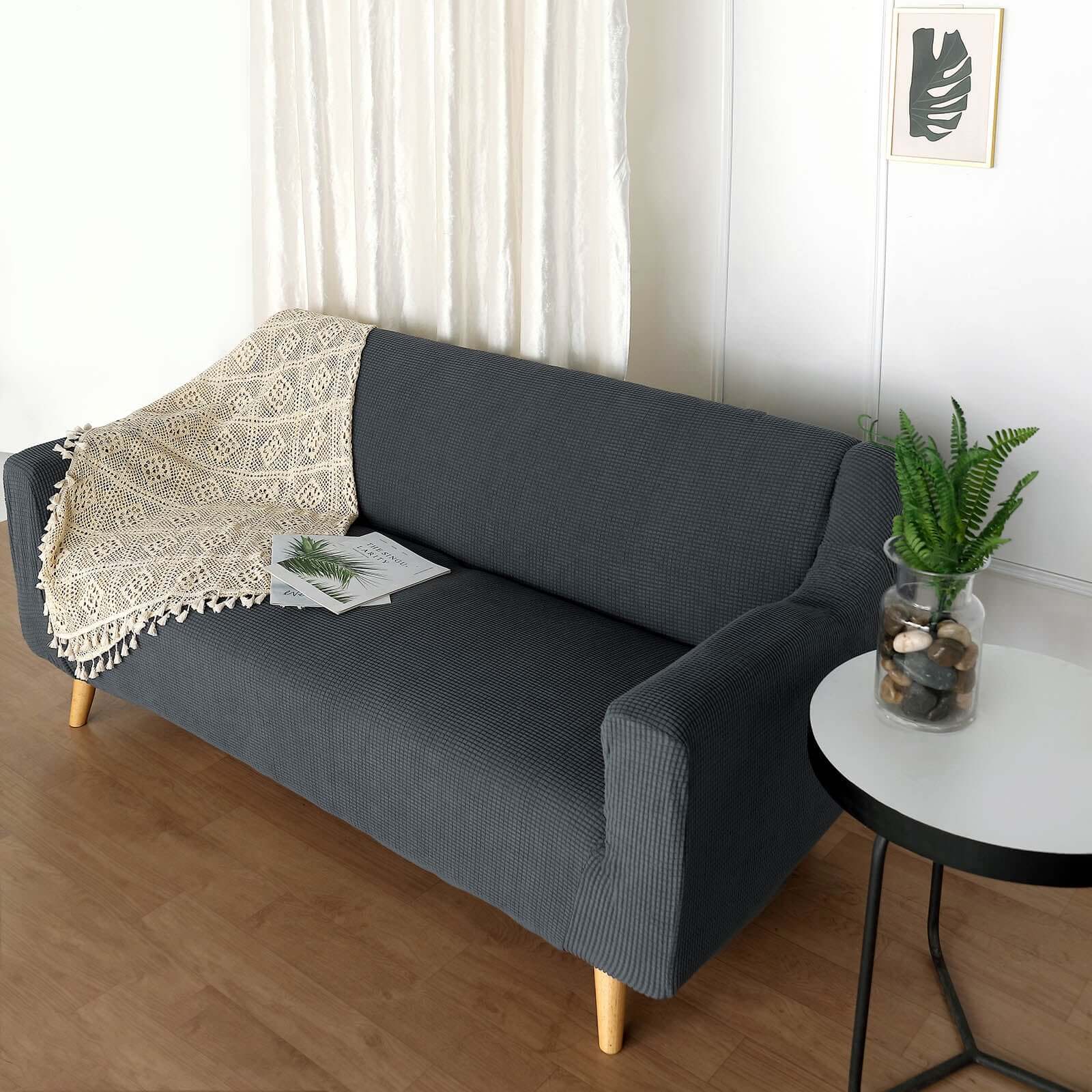 Hot Deal! Charcoal Gray Jacquard Spandex Loveseat Slipcover - 1-Piece Easy Fit Design