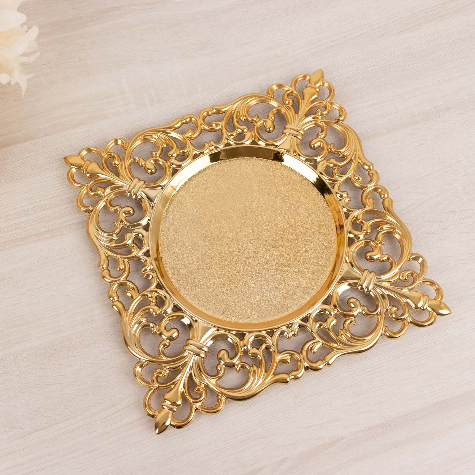 Hot Sale! 6-Piece Set of 12-Inch Gold Acrylic Square Charger Plates with Hollow Lace Border for Event Decor