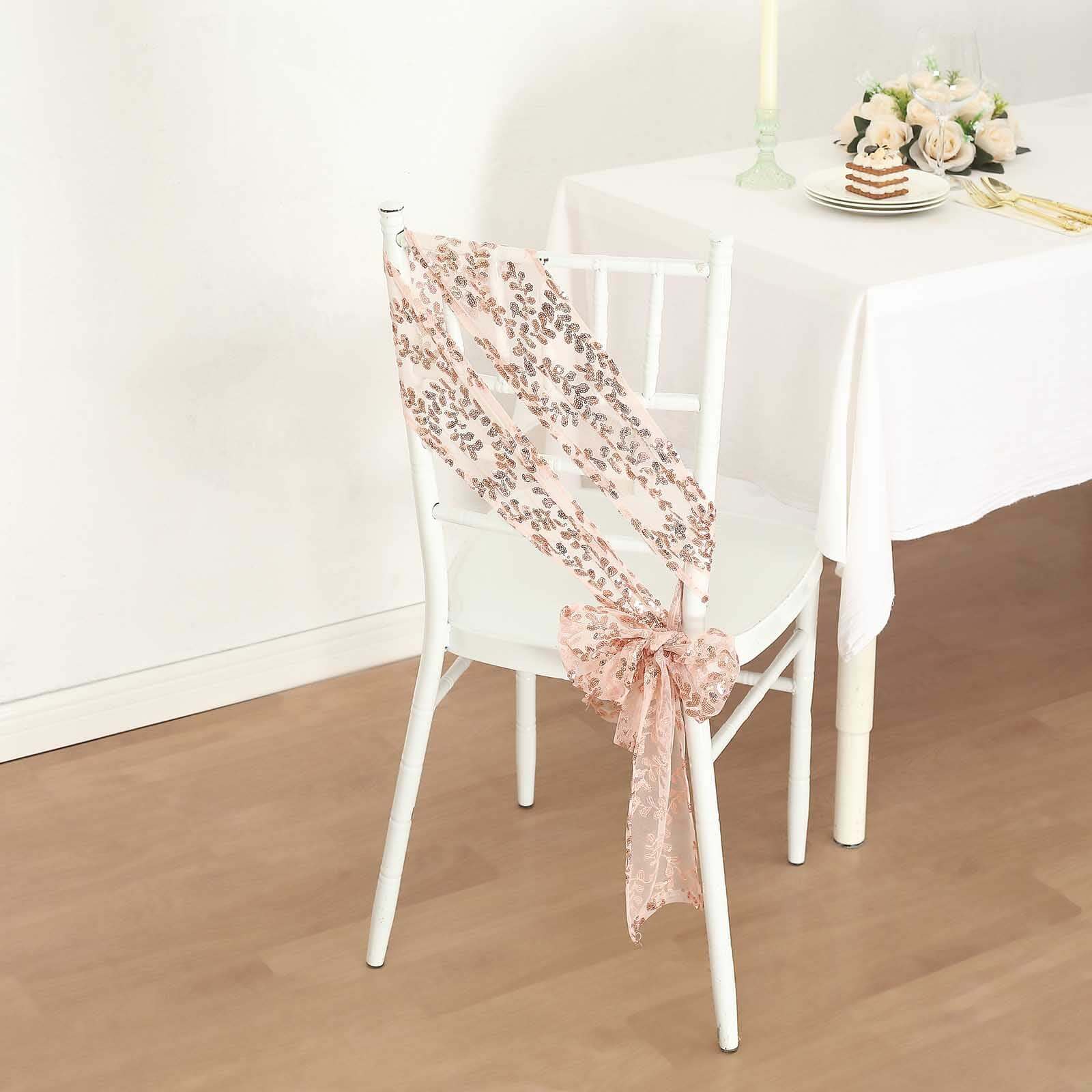Hot Deal! 5-Piece Rose Gold Tulle Chair Sashes with Leaf Vine Sequin Embroideries, 6x88 Inches