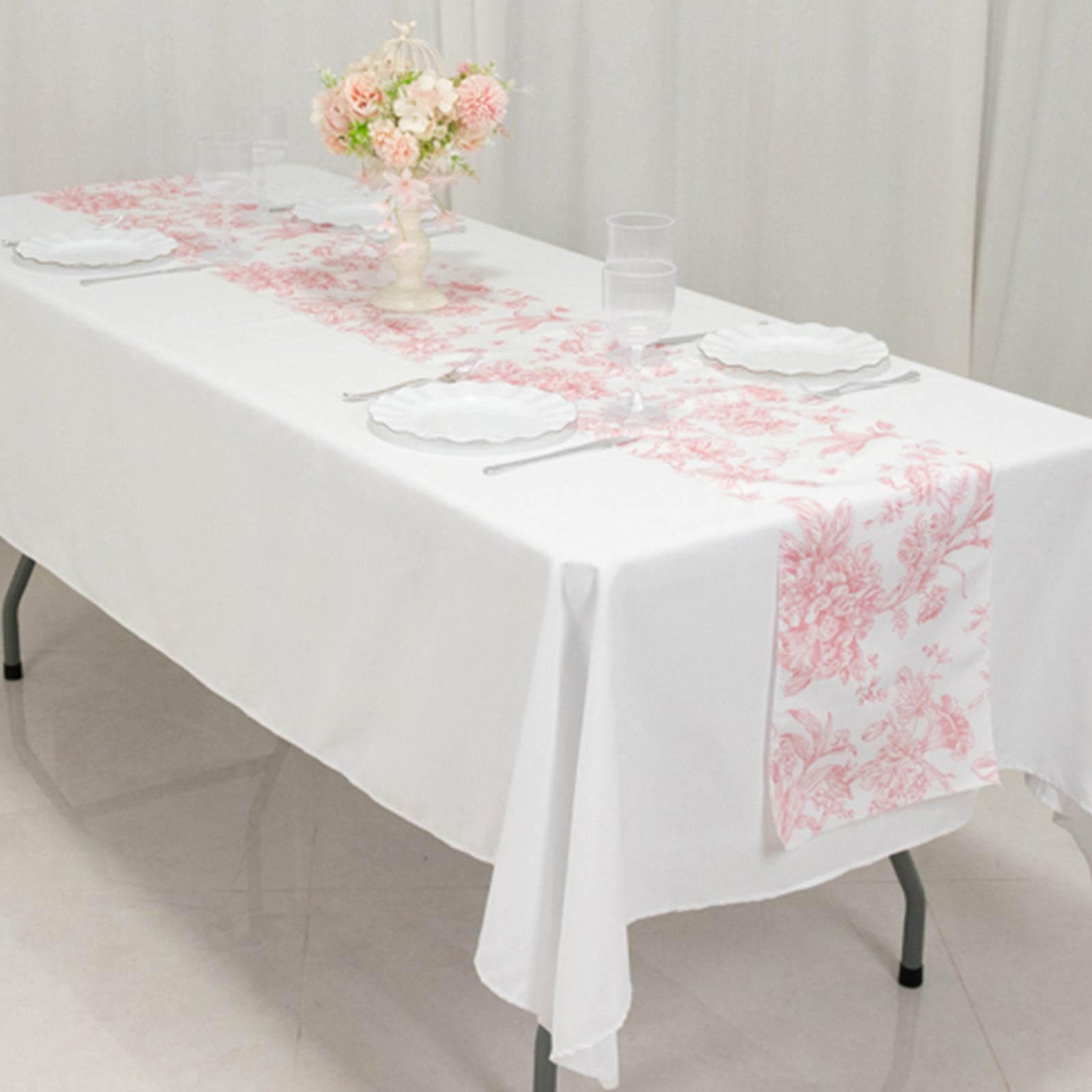 Hot Sale! Reusable White Polyester Table Runner with Pink French Toile Floral Print, 12x108