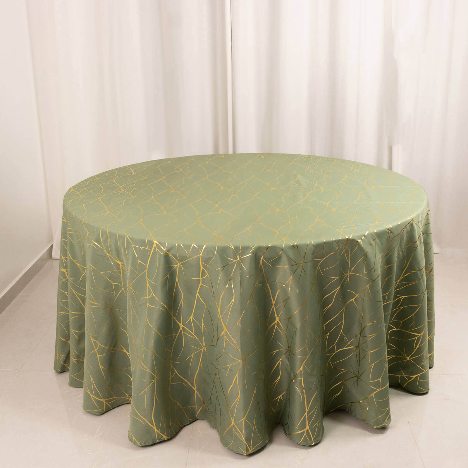 Exclusive! Wrinkle-Resistant 120" Polyester Round Tablecloth in Dusty Sage Green with Gold Foil Tree Branch for Classy Events