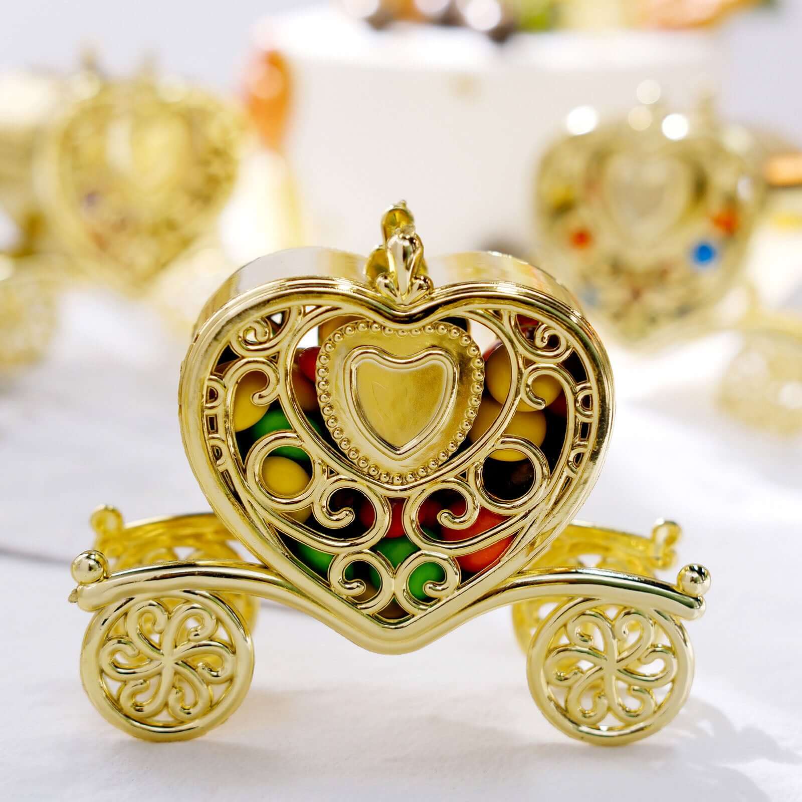 12-Pack Gold Plastic Princess Heart Carriage Party Favor Boxes for Treats