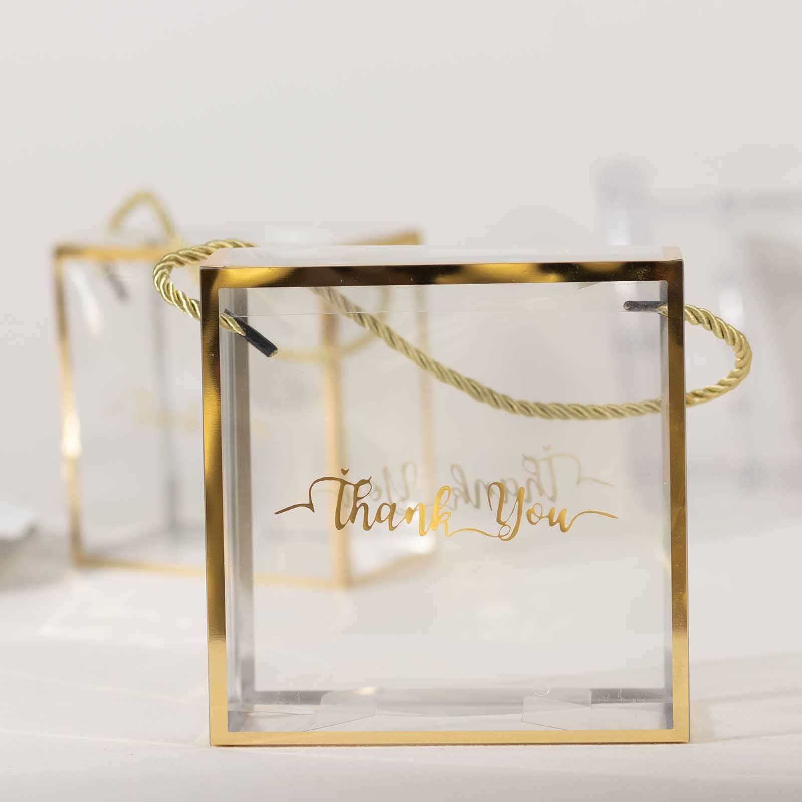 25-Pack Gold-Trimmed Clear PVC Portable Candy Favor Boxes with Rope Handles and 'Thank You' Print