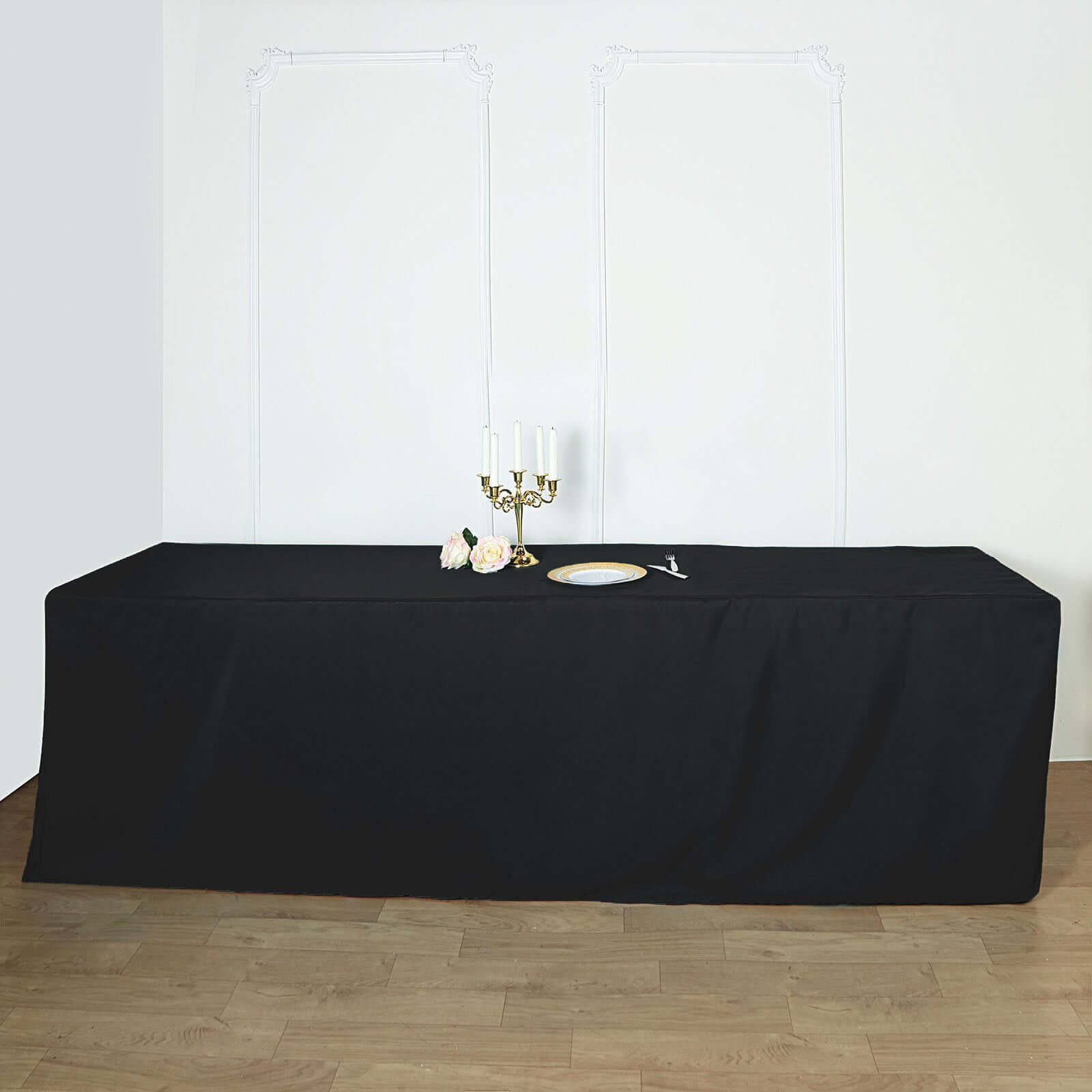 Durable Black Fitted Polyester Tablecloth for 8FT Rectangle Tables - Easy to Maintain!