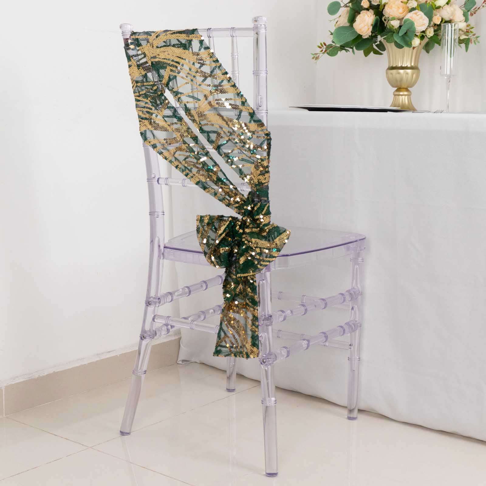 Special Offer! 5-Piece Chair Sashes in Sparkling Hunter Emerald Green/Gold with Wave Sequin Design