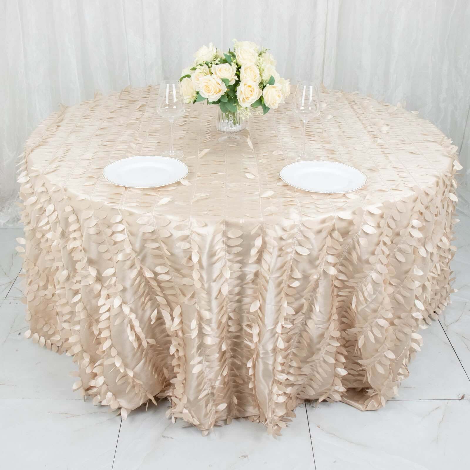 Exclusive Beige 132-Inch Round Taffeta Tablecloth with 3D Leaf Petal Design
