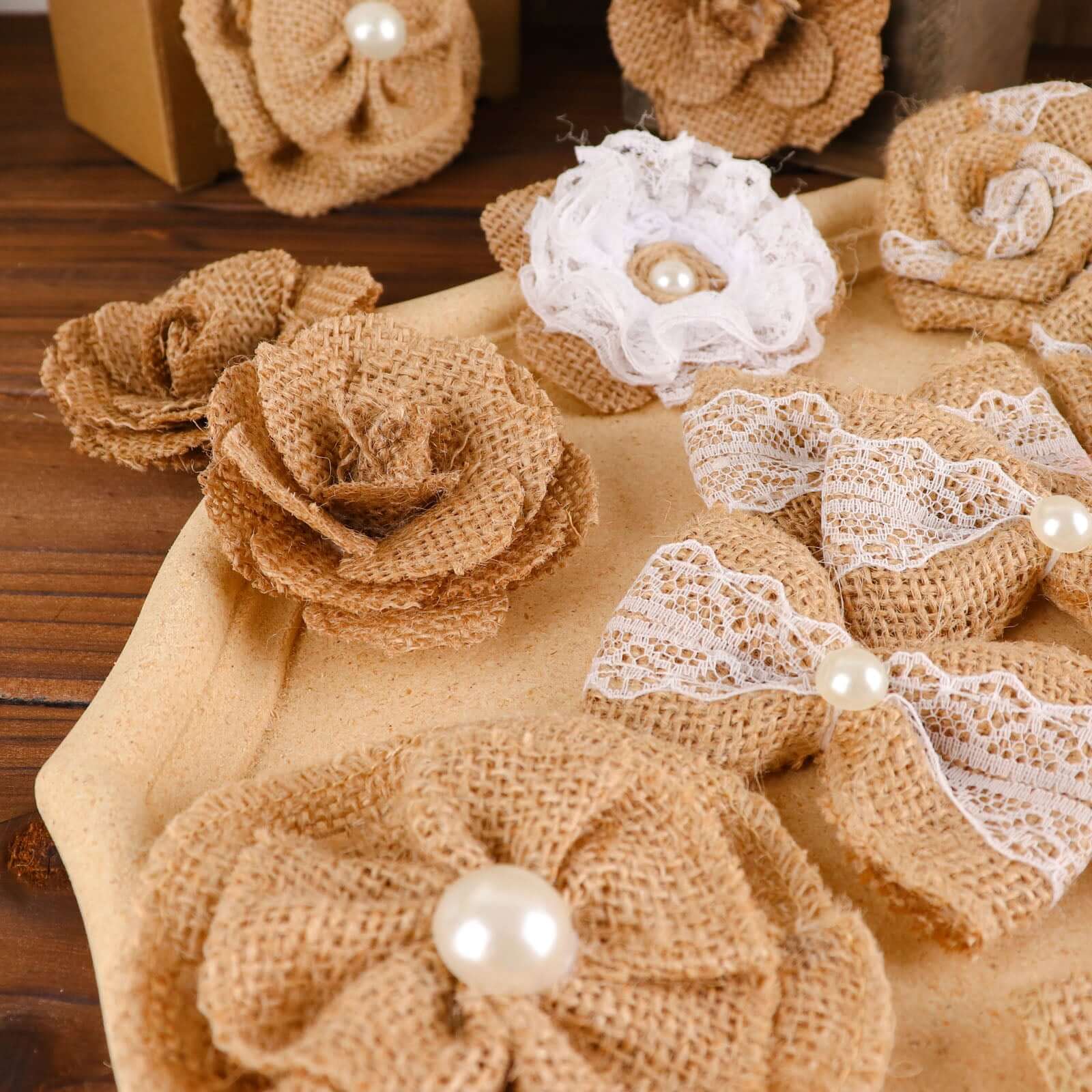 24 Pcs Natural Burlap Flower and Bow Set with Lace Ribbon, 8 Assorted Styles, 30 Sticker Dots Included
