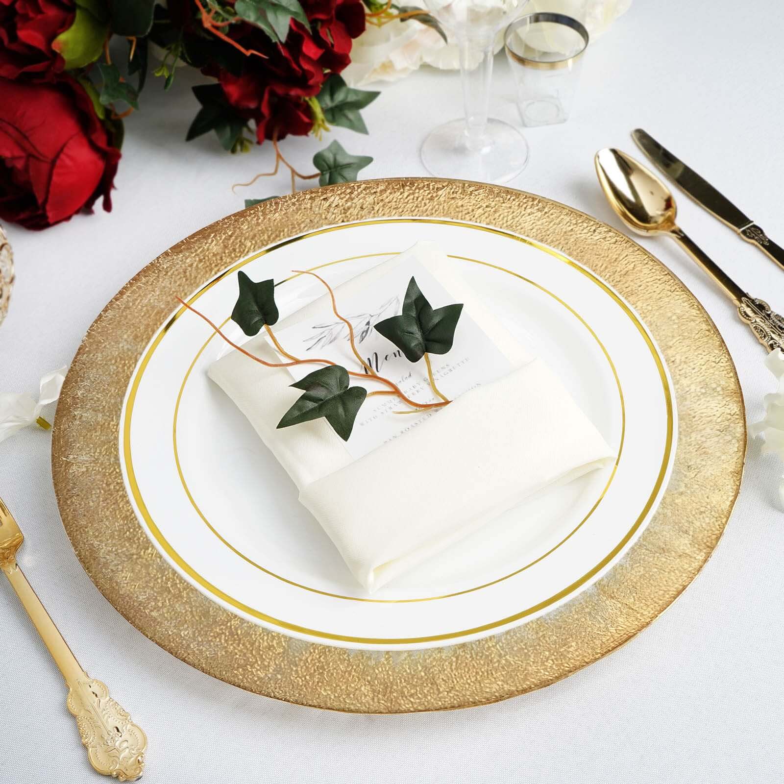 Hot Sale! 8-Piece Set of 13-Inch Clear Glass Round Dinner Charger Plates with Metallic Gold Spray Rim