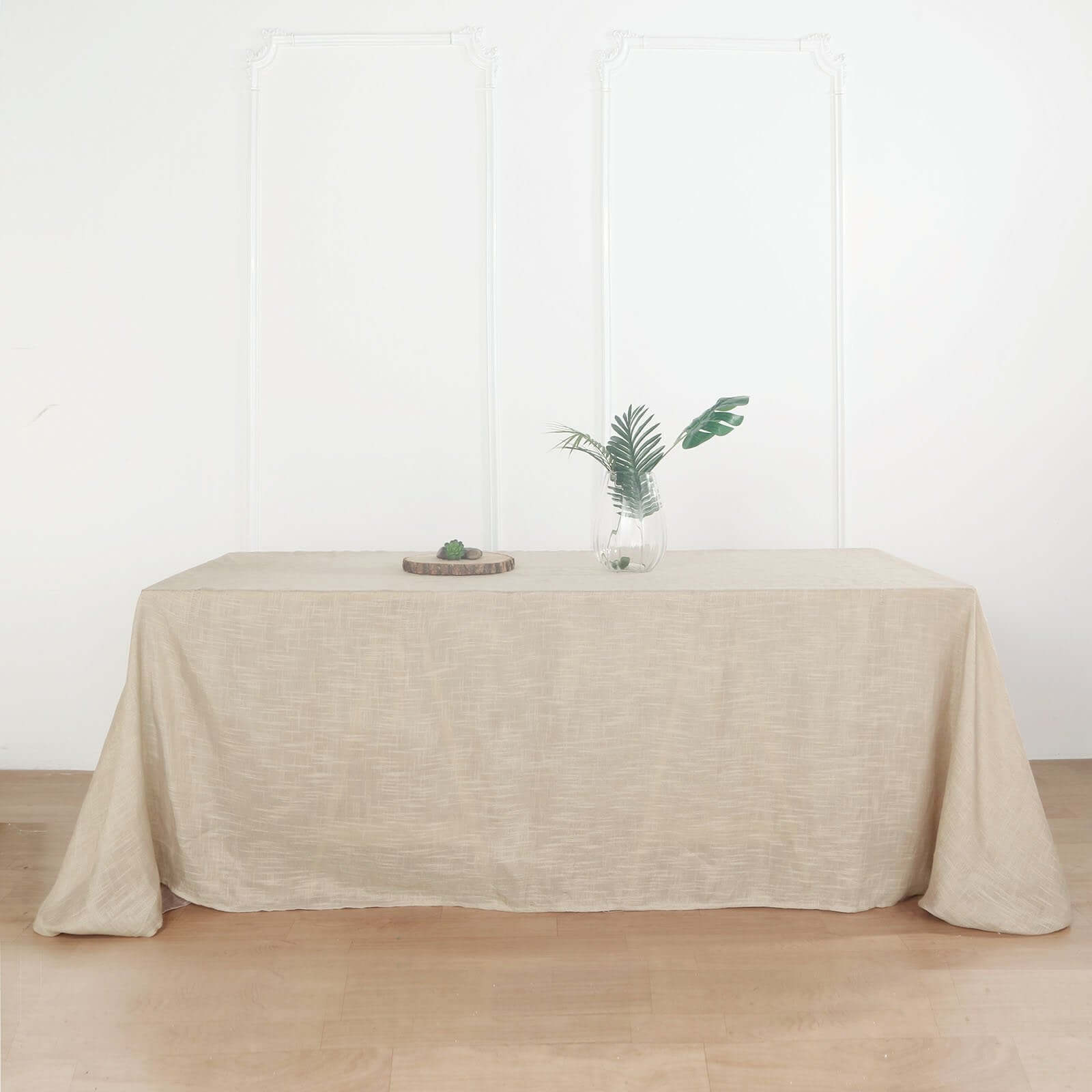 Beige Faux Linen Rectangular Tablecloth - Wrinkle-Resistant, Slubby Texture