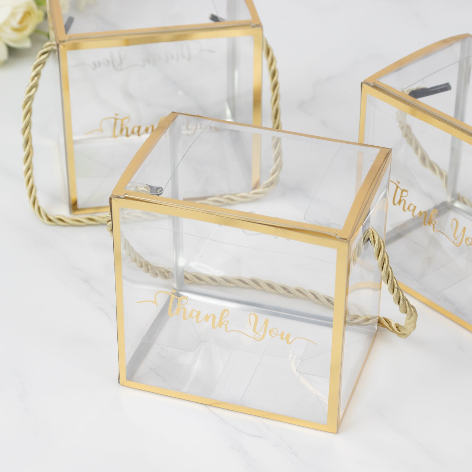 25-Piece Set of Clear Plastic Square Gift Boxes with Gold Trim and Rope Handles, Pre-Printed Thanks