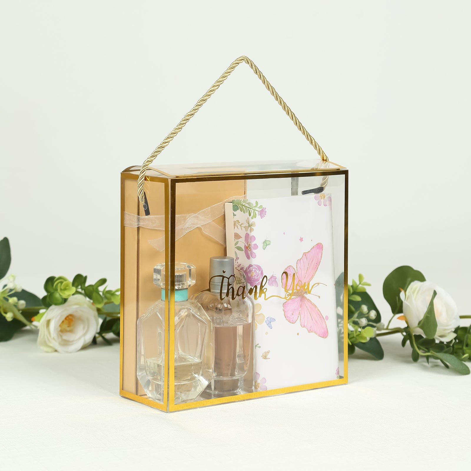 25-Pack Square Clear PVC Gift Boxes with Gold Trim, Rope Handles and 'Thank You' Print, 8x8 Size