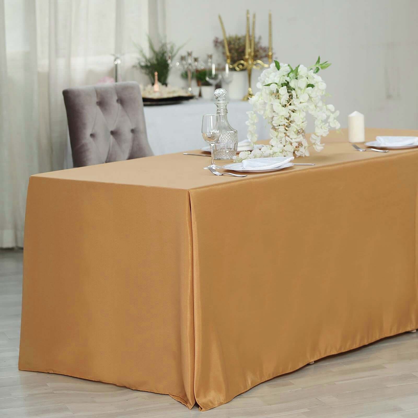 Exclusive Gold Polyester 90x132 Rectangle Tablecloth - Seamless & Wrinkle-Resistant for Luxurious Celebrations