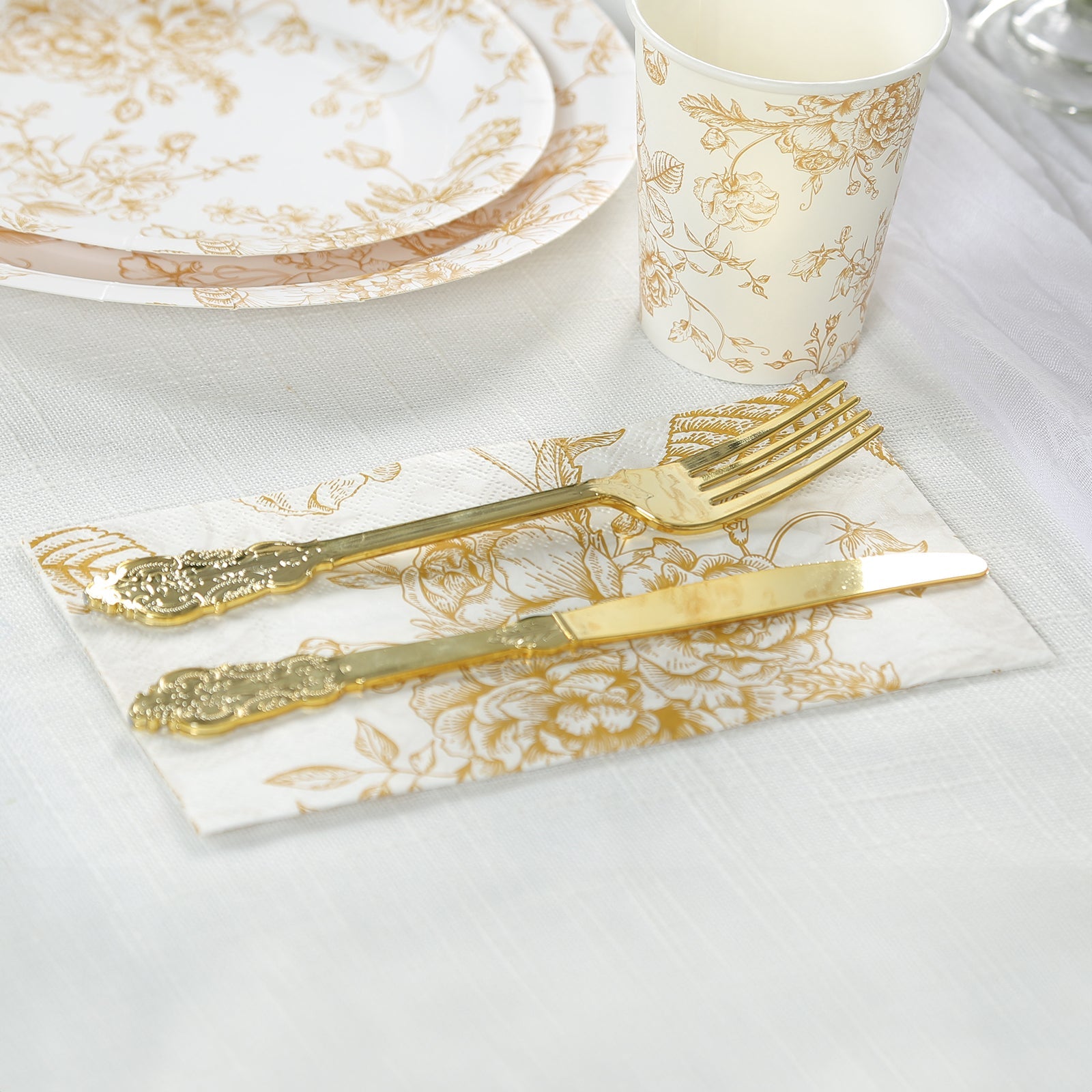 50-Piece 2-Ply White Paper Dinner Napkins with Gold French Toile Floral Design - Ideal for Events
