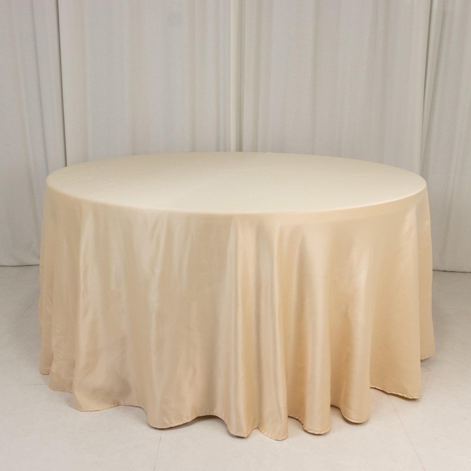 Exclusive Lamour Satin 120-Inch Round Beige Tablecloth - Seamless with Soft Sheen