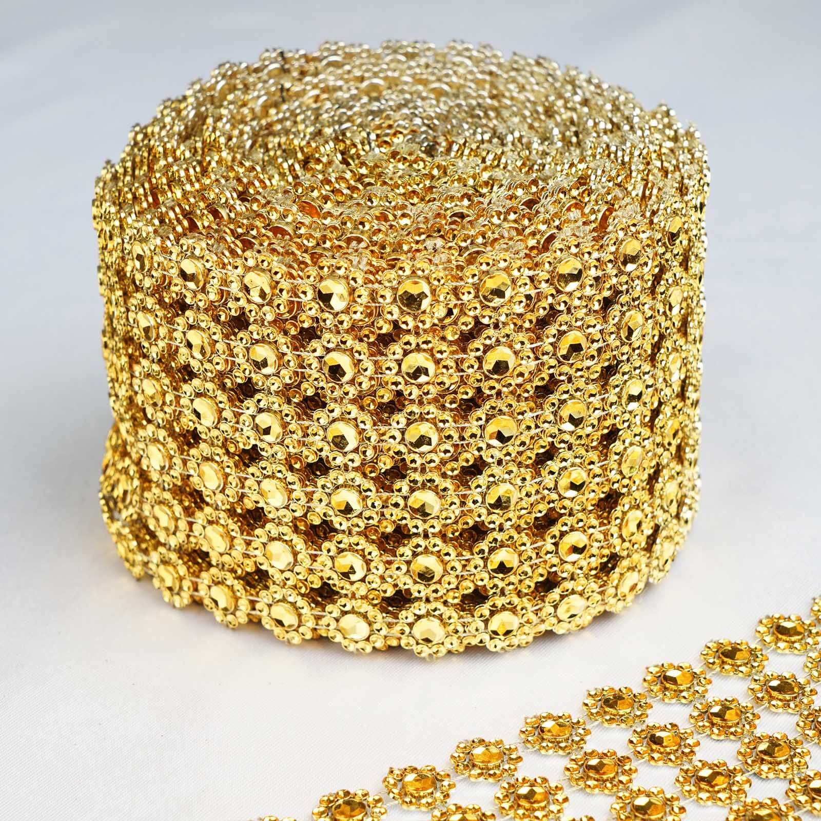 Hot Sale! 4 - inch Wide, 10 - Yard Gold Fleur Diamond Rhinestone Ribbon for DIY Crafts and Decor