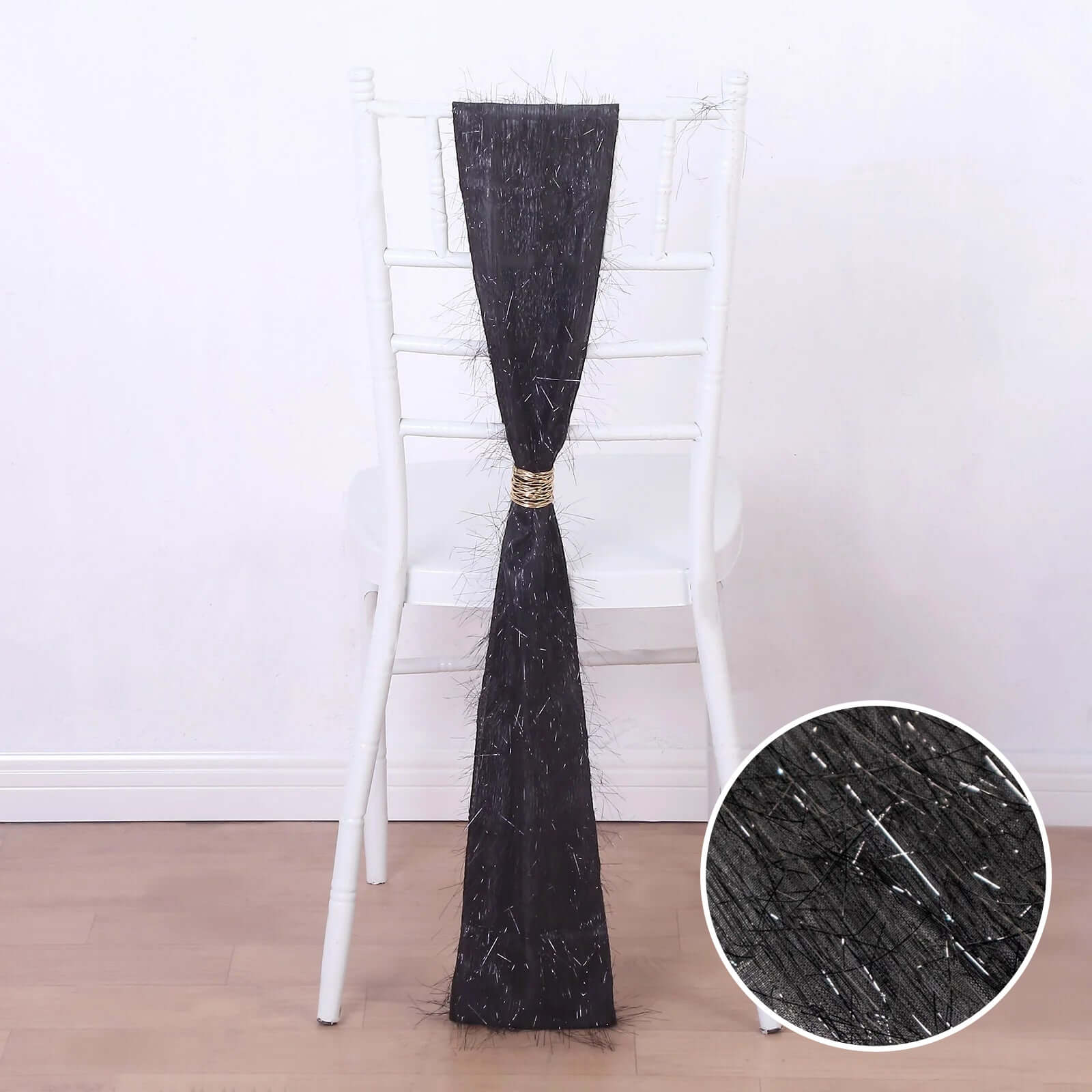 5-Piece Set of Black Metallic Tinsel Fringe Polyester Chair Sashes - Effortless Chair Bows, 6x108