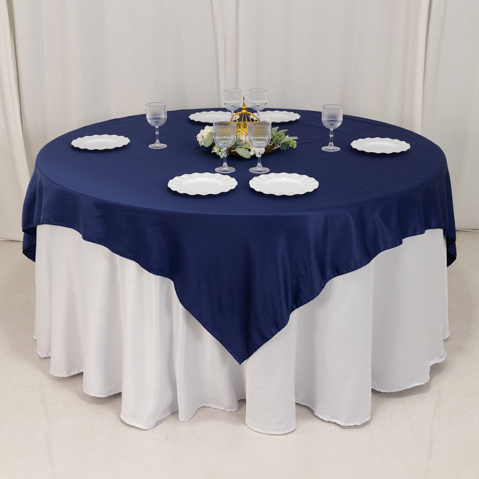 Navy Blue Lamour Satin Square Table Overlay 72x72 - High - Quality Smooth Table Topper