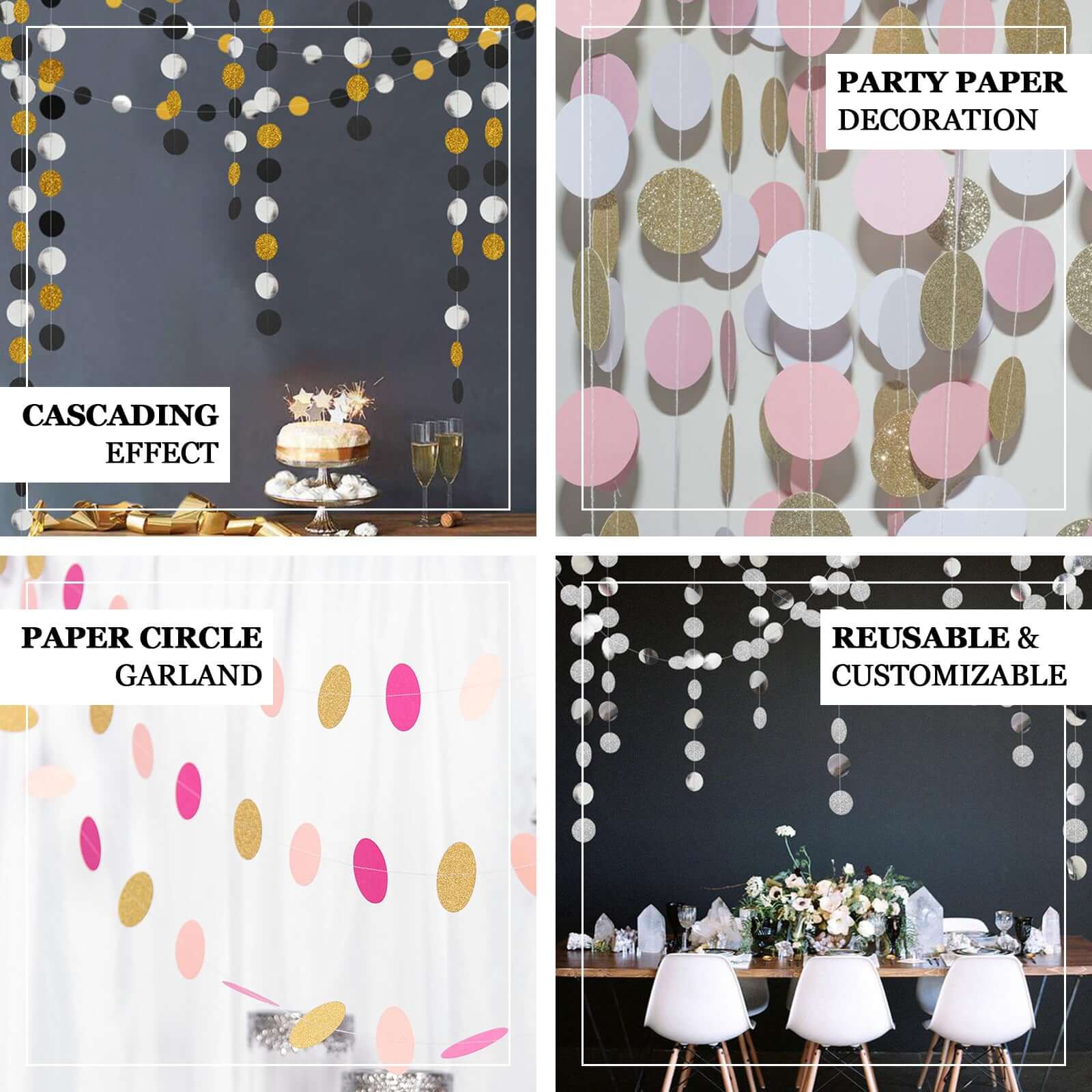 Hot Sale! 3-Piece Set of 7.5ft Gold Glitter Circle Dot Party Paper Garland Banners for Hanging Backdrops
