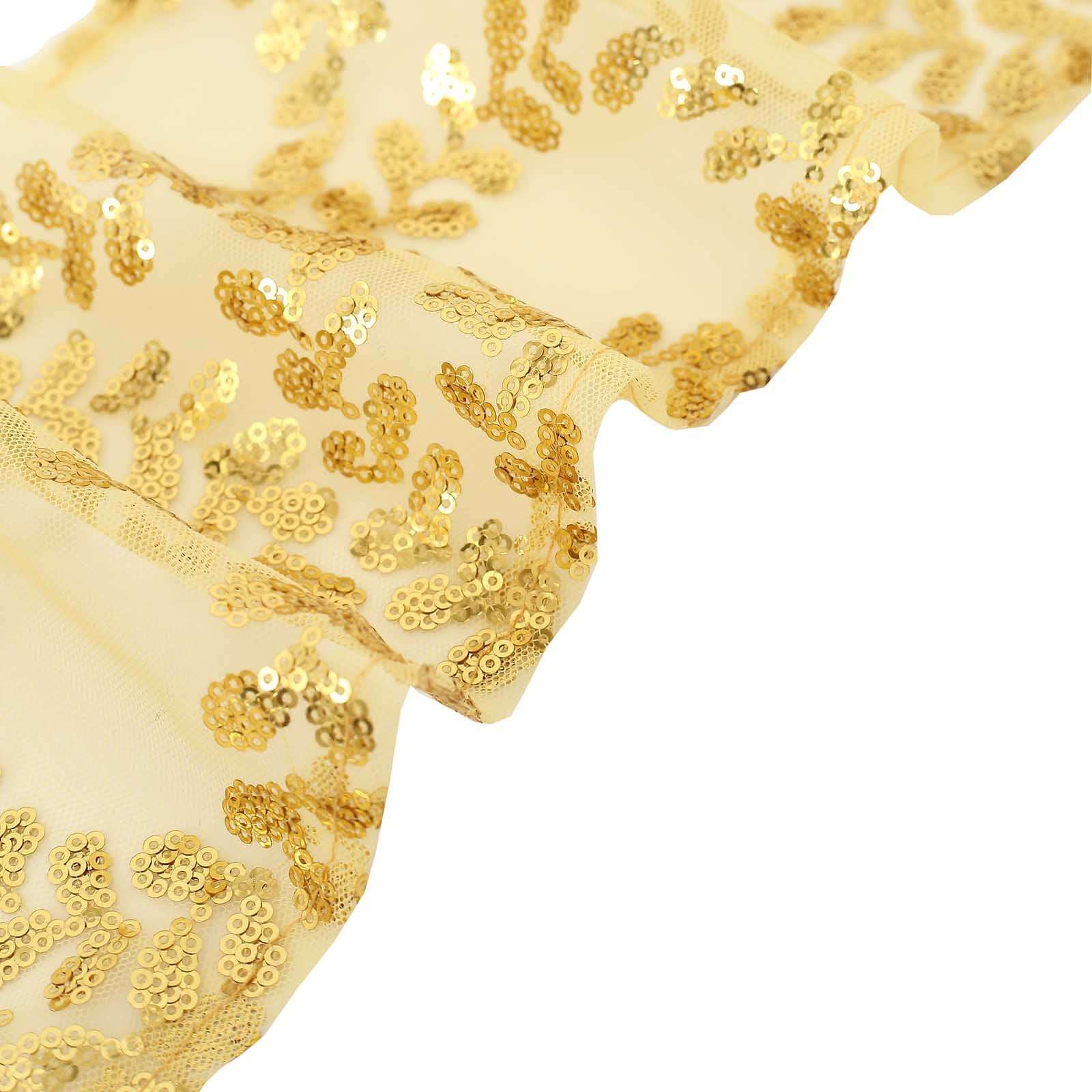 Set of 5 Gold Tulle Chair Sashes with Leaf Vine Embroidered Sequins, 6x88 - Ideal for Weddings