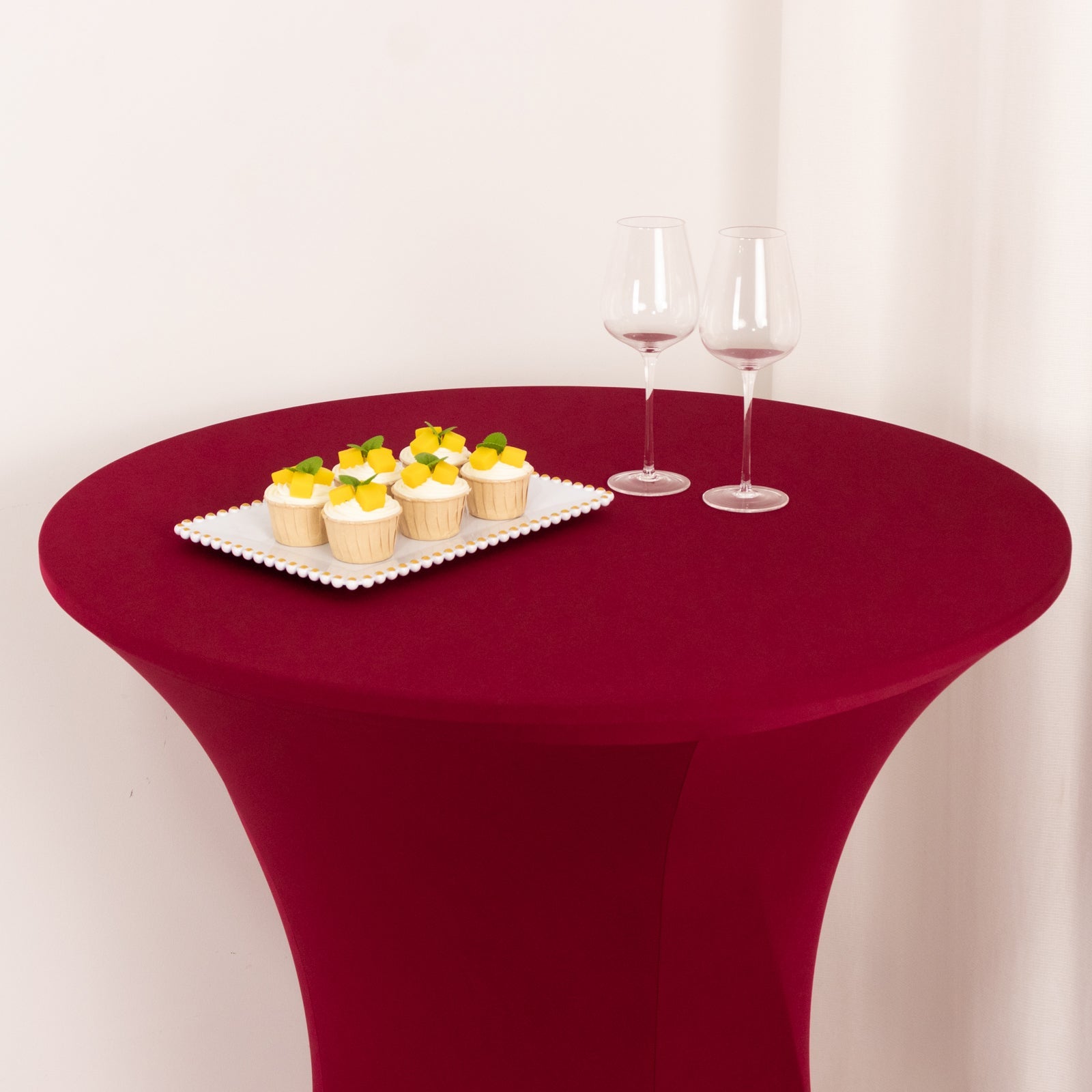Burgundy Spandex Stretch Fitted Cocktail Table Cover - Easy to Maintain, 33 - 36 Round