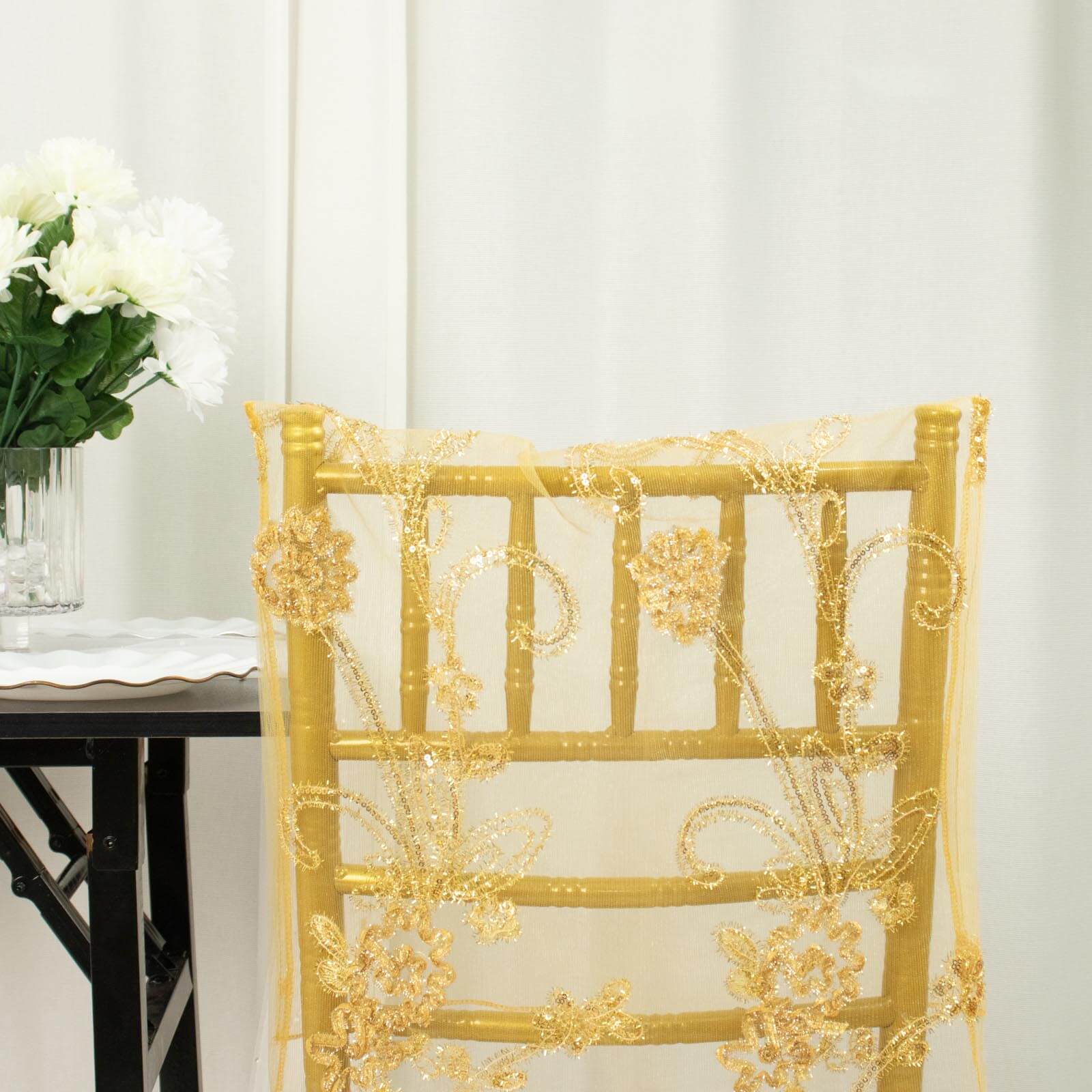 Hot! Gold Floral Sequin Embroidery Organza Chiavari Chair Slipcover
