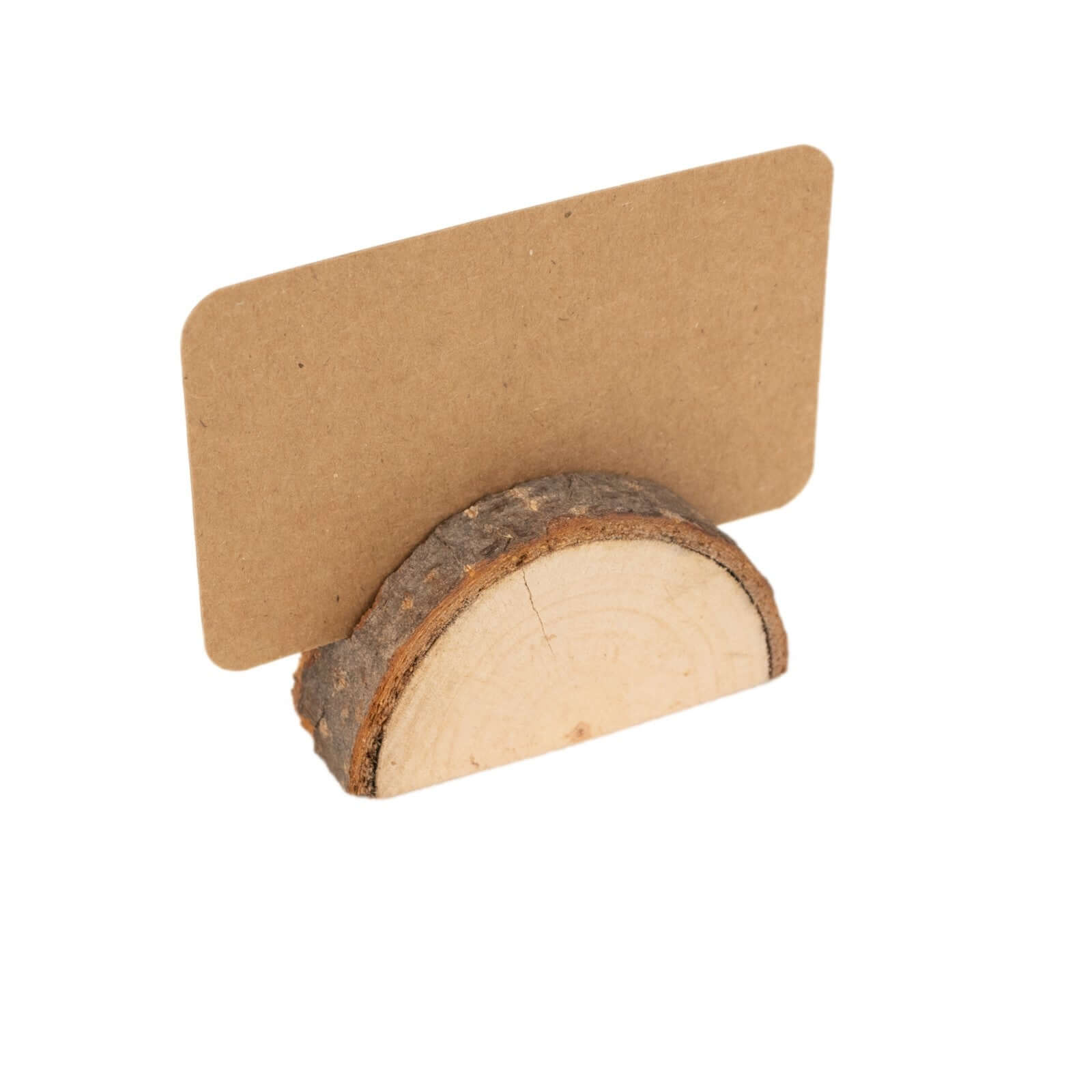 Set of 10 Natural Wood Place Card Holders with Brown Paper - Rustic Semicircle Design for Wedding Table Numbers