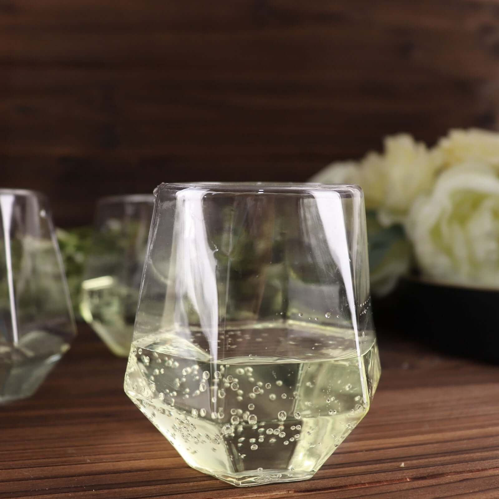 12-Piece Set of Reusable Clear Plastic Stemless Diamond-Shaped 12oz Wine & Whiskey Glasses