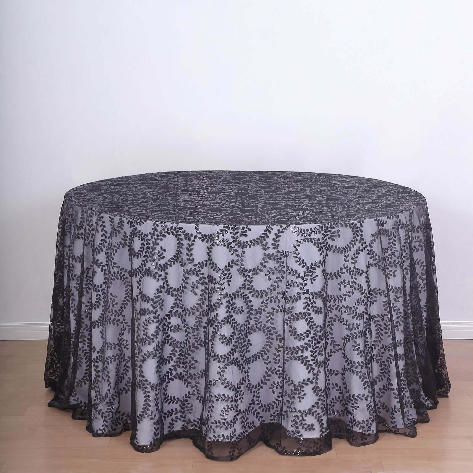 Sparkling Seamless Black Tulle Round Tablecloth with Leaf Embroidered for Special Events