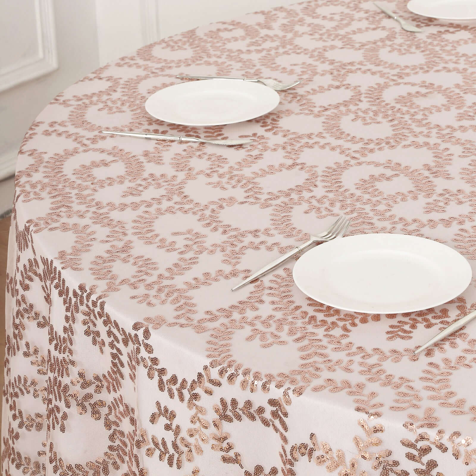 Hot Sale! 120' Round Seamless Rose Gold Tulle Tablecloth with Embroidered Sequin Leaf Design