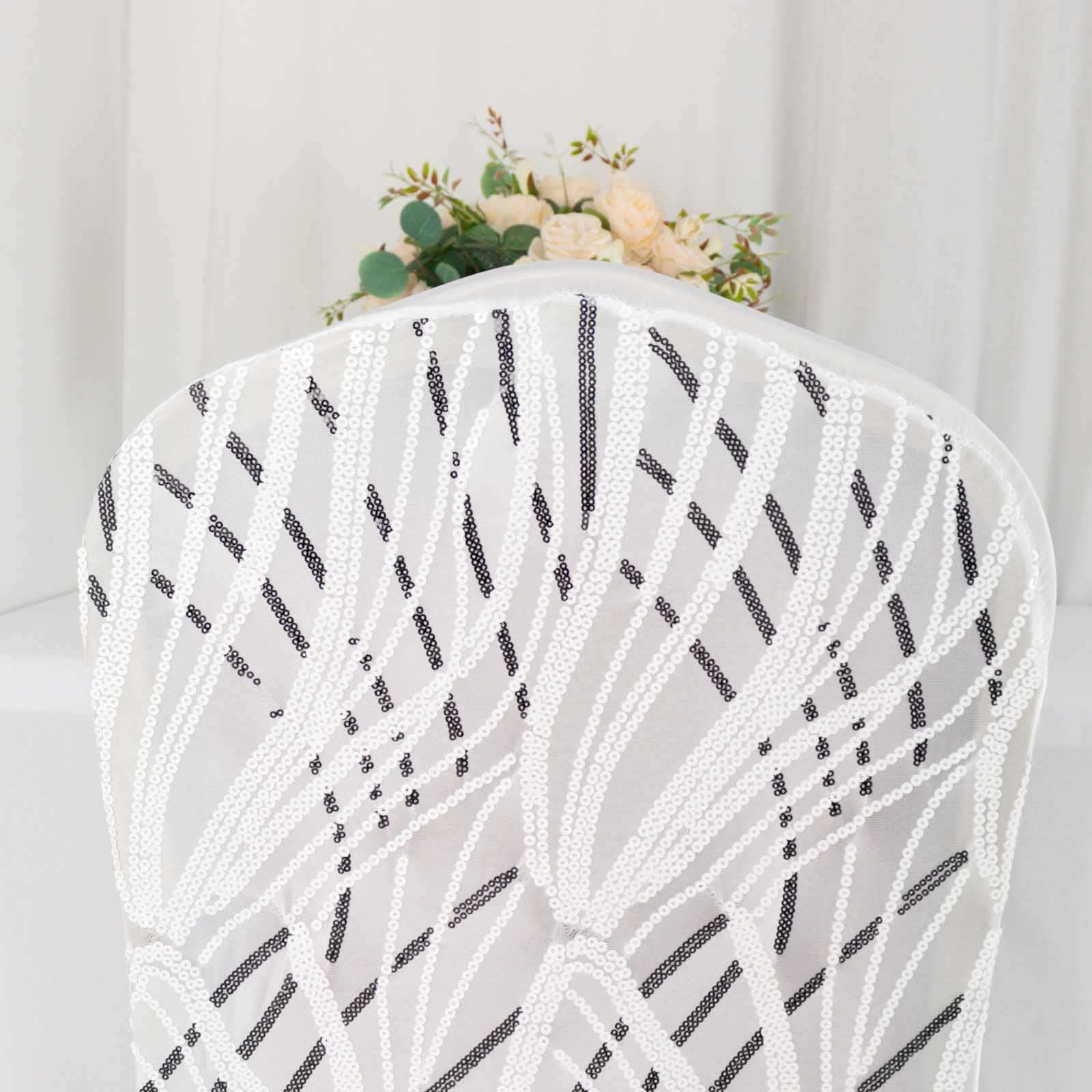 Luxe Glittering Stretch Fitted Slipcover - Spandex Banquet Chair Cover with Wave - Embroidered Sequins in White/Black