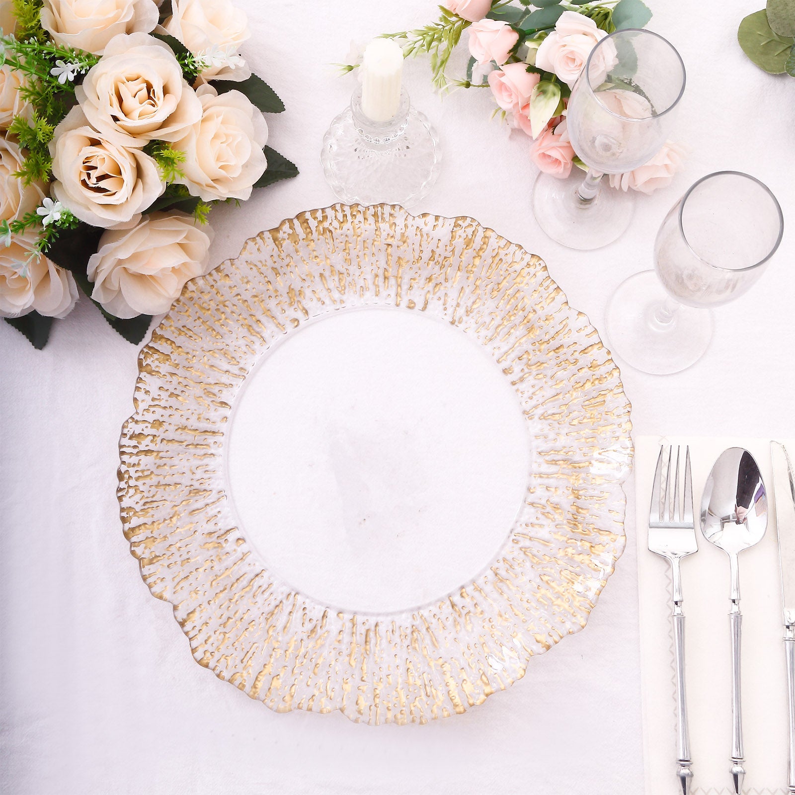 Hot Sale! 6-Pack 12-Inch Clear Plastic Round Charger Plates with Gold Brushed Scalloped Reef Rim for Party Serving