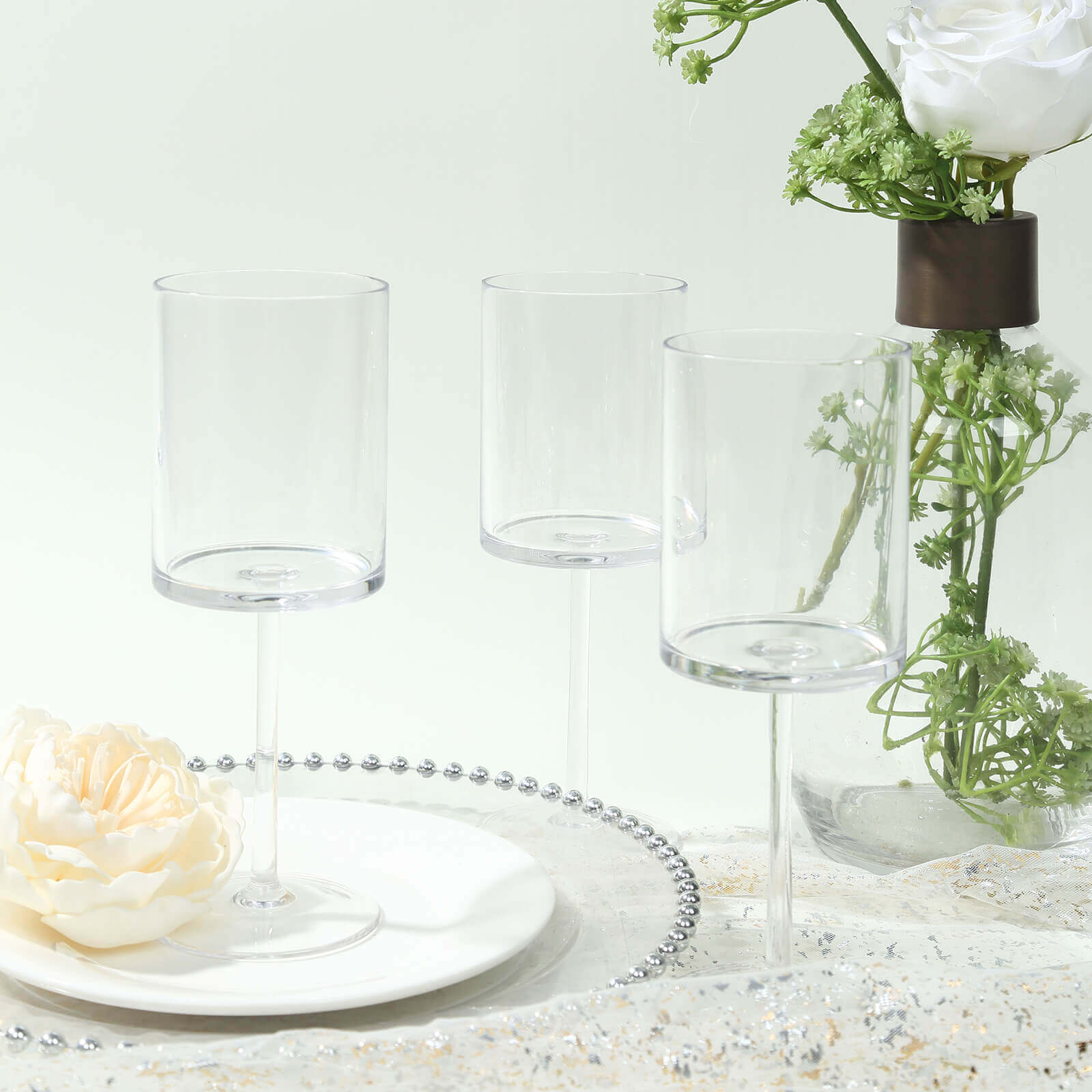 6-Piece Set of Clear Plastic Long Stem Cylindrical Cocktail Glasses - 10oz Shatterproof Tumblers