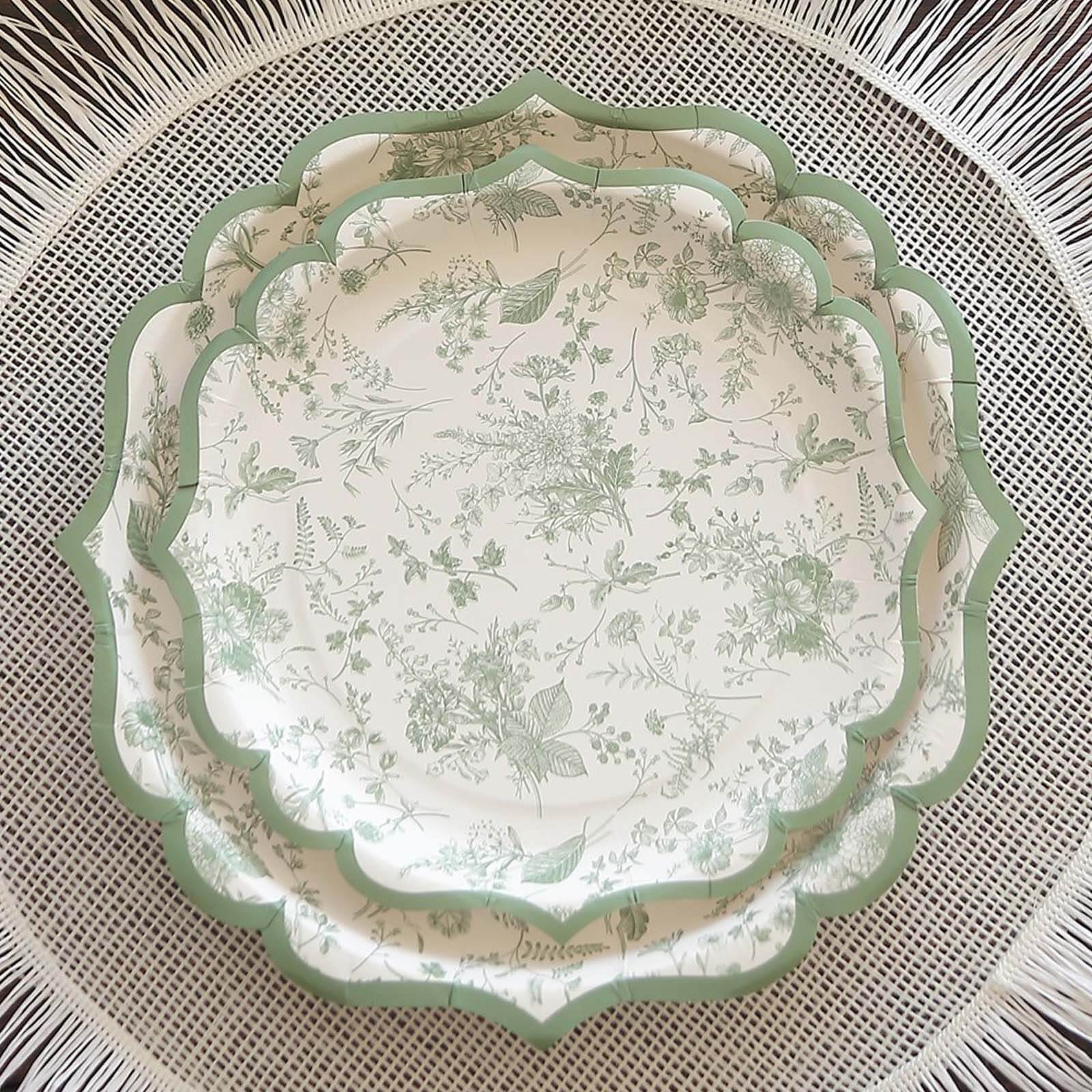 25-Pack Disposable 10-Inch White & Sage Green French Toile Party Dinner Plates - Ideal for Classy Events