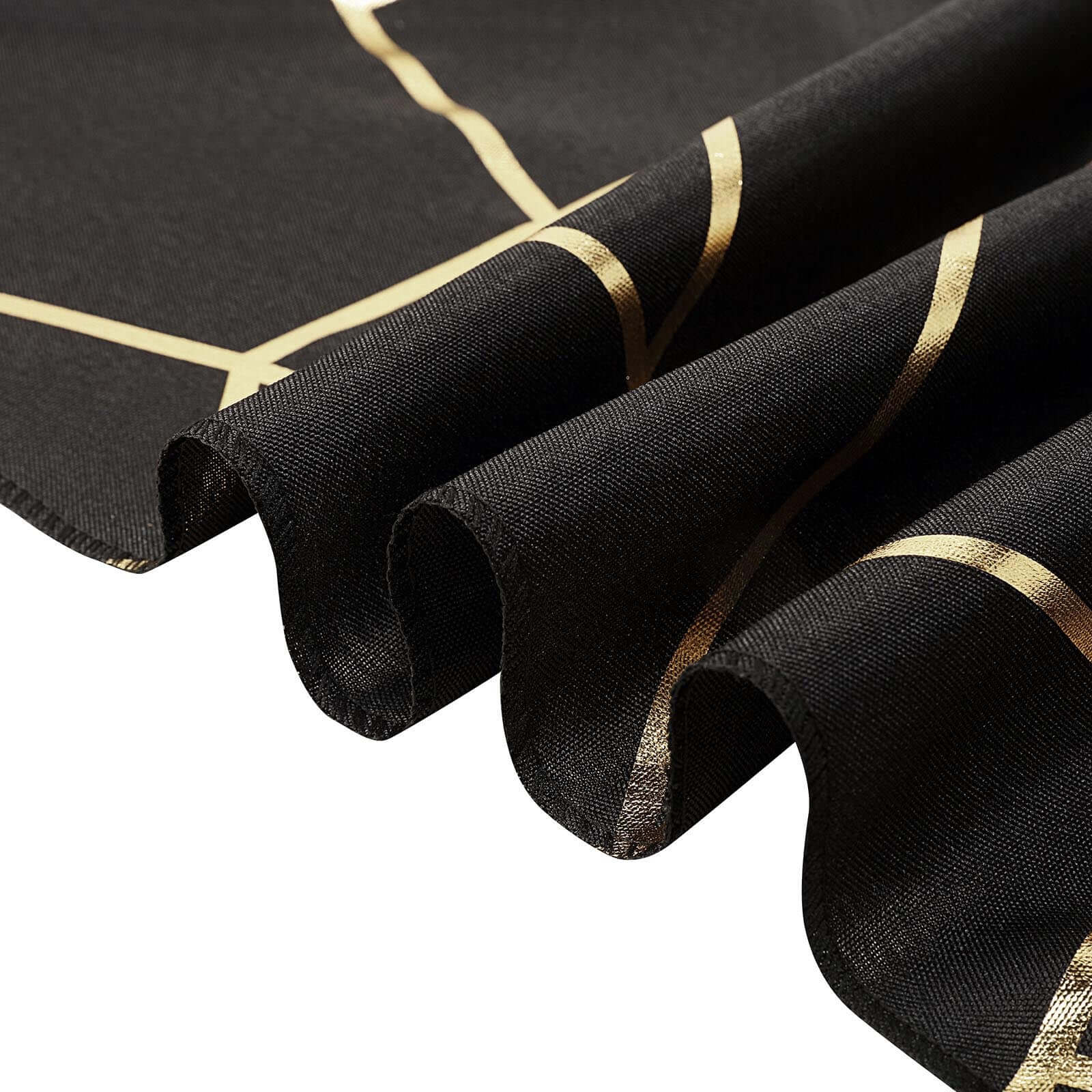 9ft Black Polyester Table Runner with Stunning Gold Foil Geometric Accent