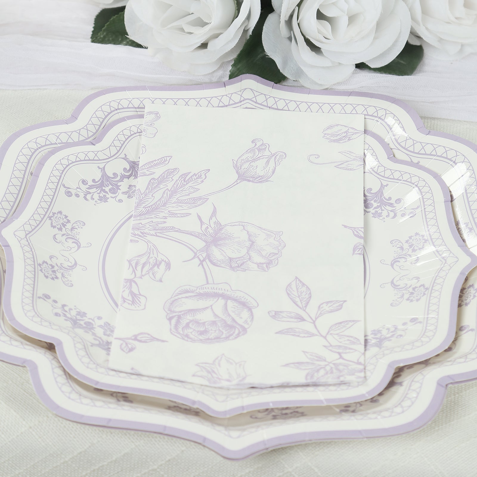 Get 50 Pack 2-Ply Disposable Paper Dinner Napkins in Trendy French Toile Floral Design, Matte Lavender & White, Highly Absorbent