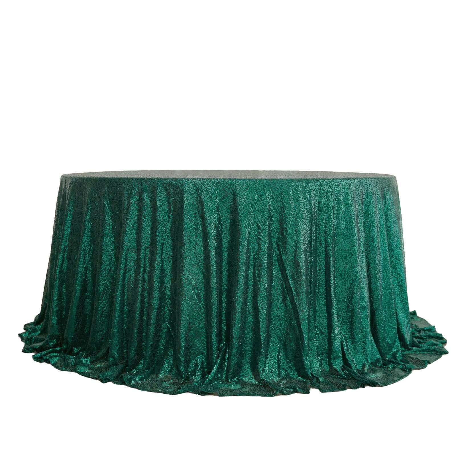 Hunter Emerald Green Seamless 132' Round Sequin Tablecloth - Dazzling Table Cover