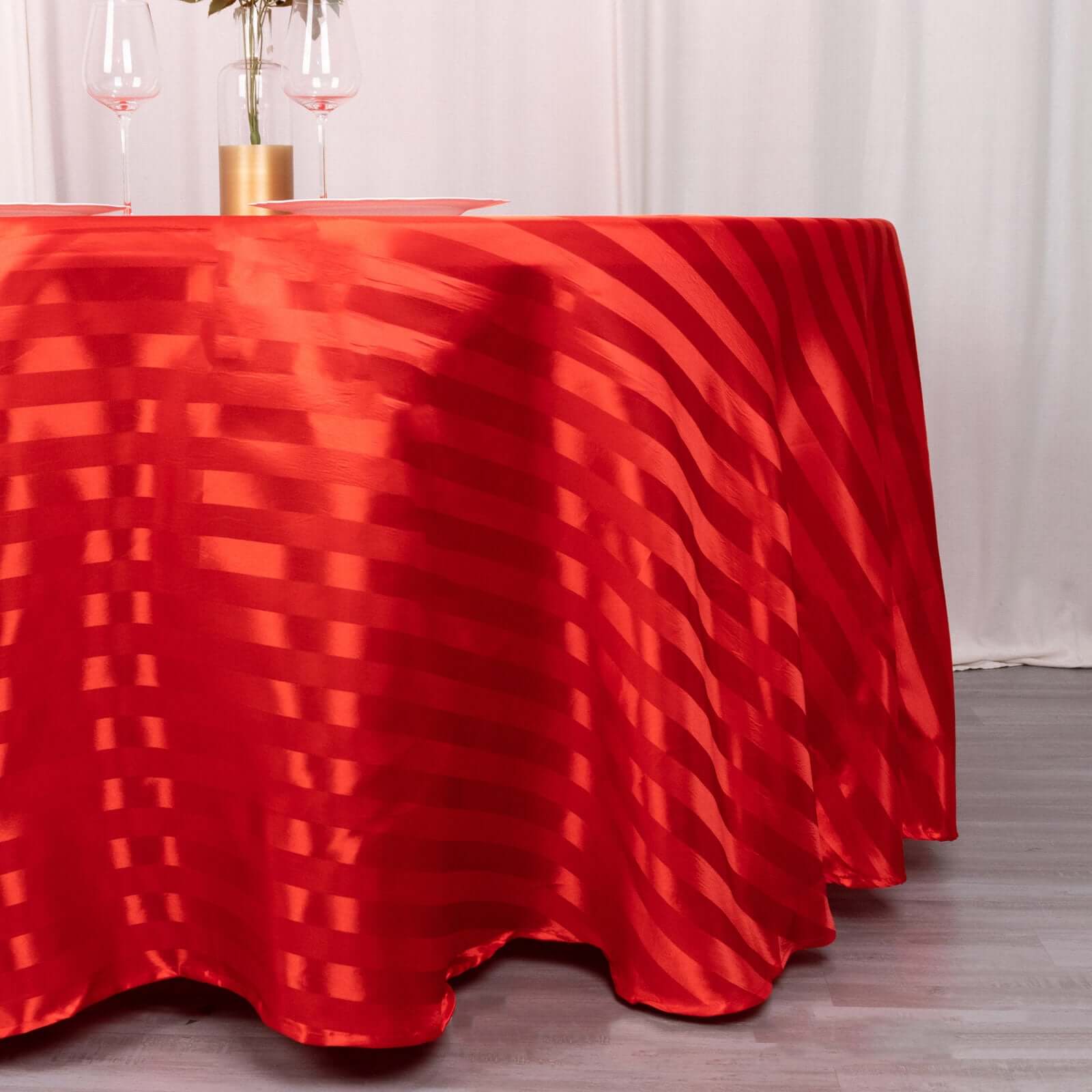 Red Silky Satin 120-Inch Round Striped Seamless Tablecloth