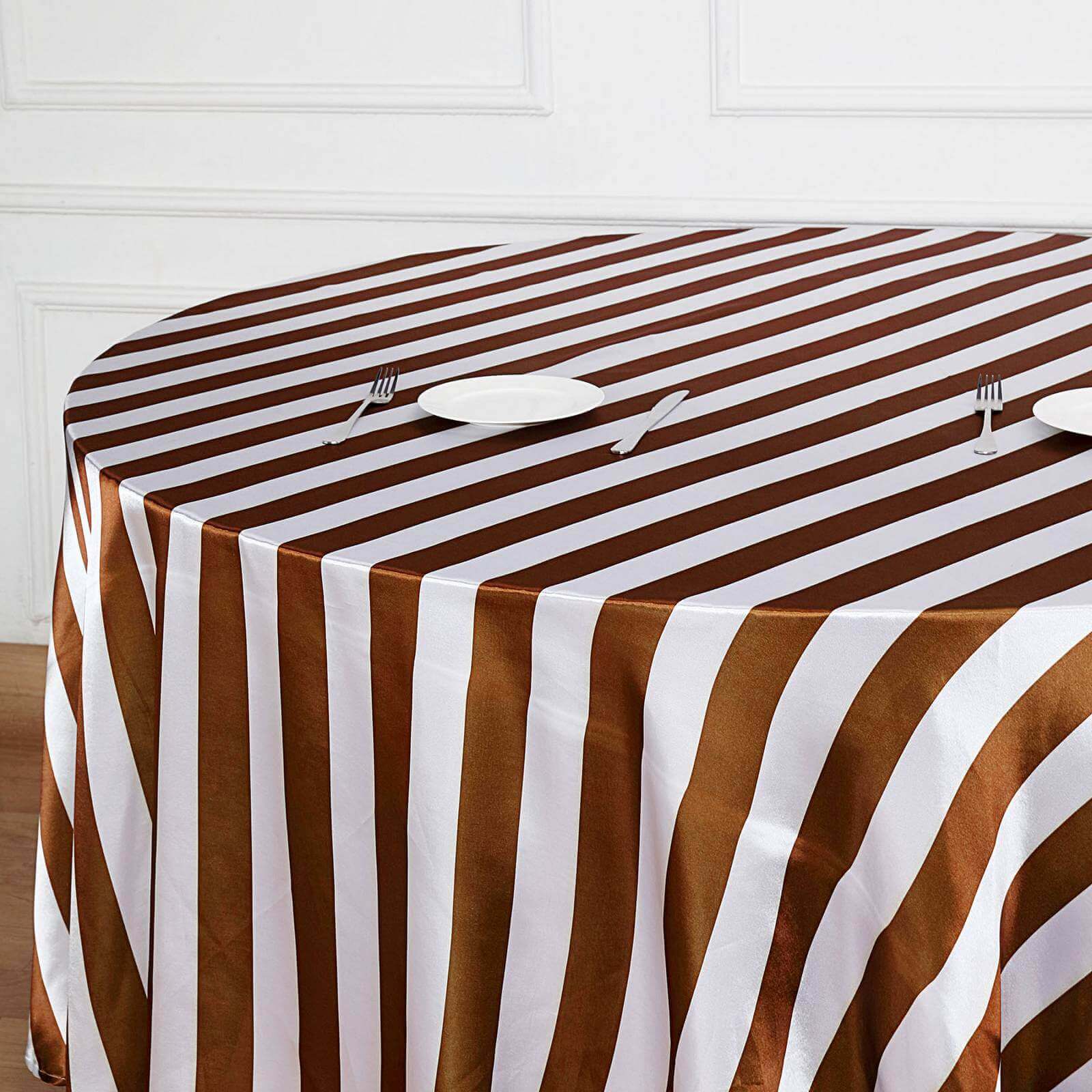 Hot Sale! 120-Inch Round Gold/White Stripe Satin Tablecloth with Seamless Smooth Finish
