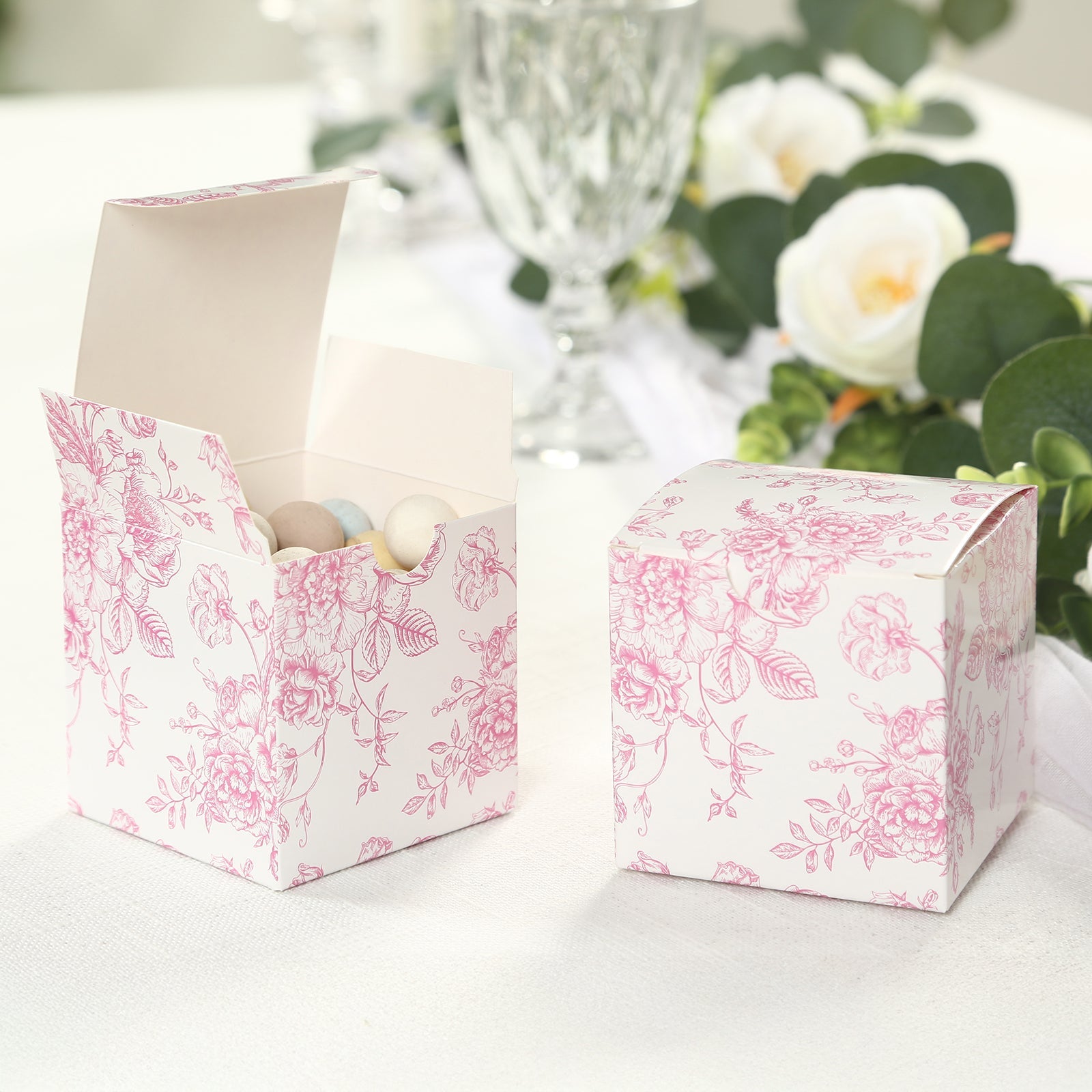 25-Pack French Toile Pattern Matte Pink and White Cardstock Candy Favor Boxes, 3x3 - Perfect for Parties
