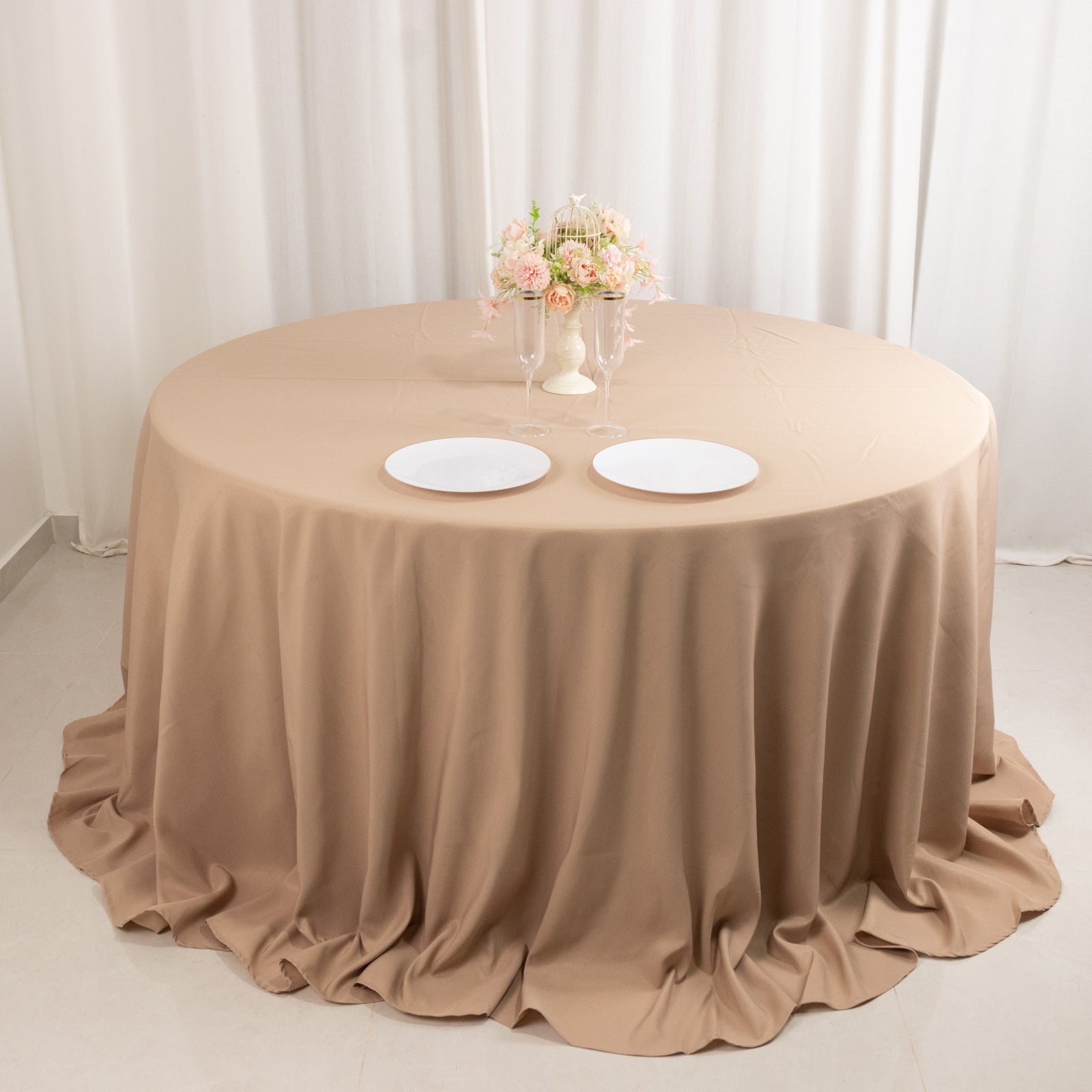 Exclusive 132' Nude Seamless Premium Polyester Wrinkle-Resistant Round Tablecloth