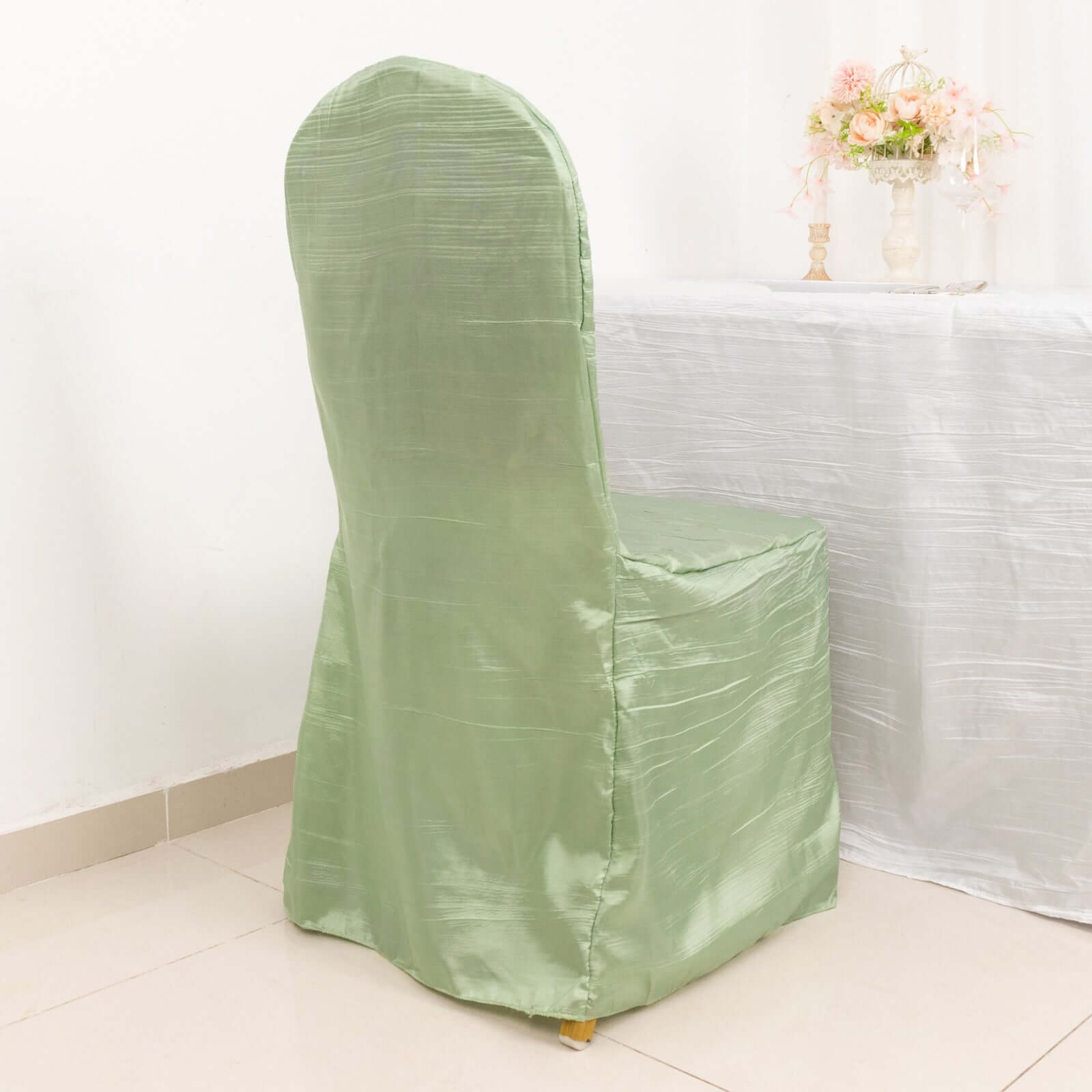 Reusable Sage Green Crinkle Crushed Taffeta Slipcover for Banquet Chairs