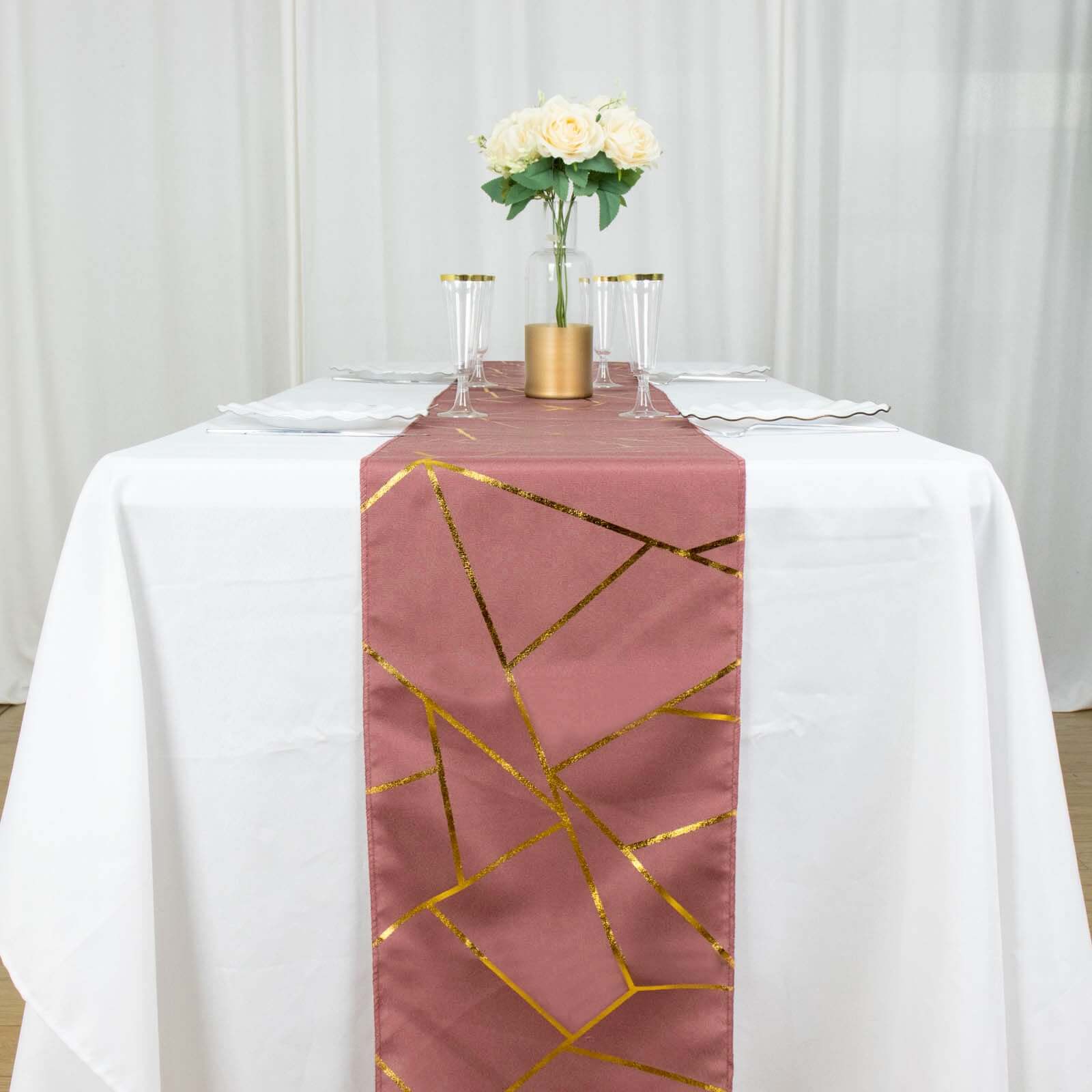Hot Sale! 9ft Polyester Table Runner in Cinnamon Rose with Gold Foil Geometric Design