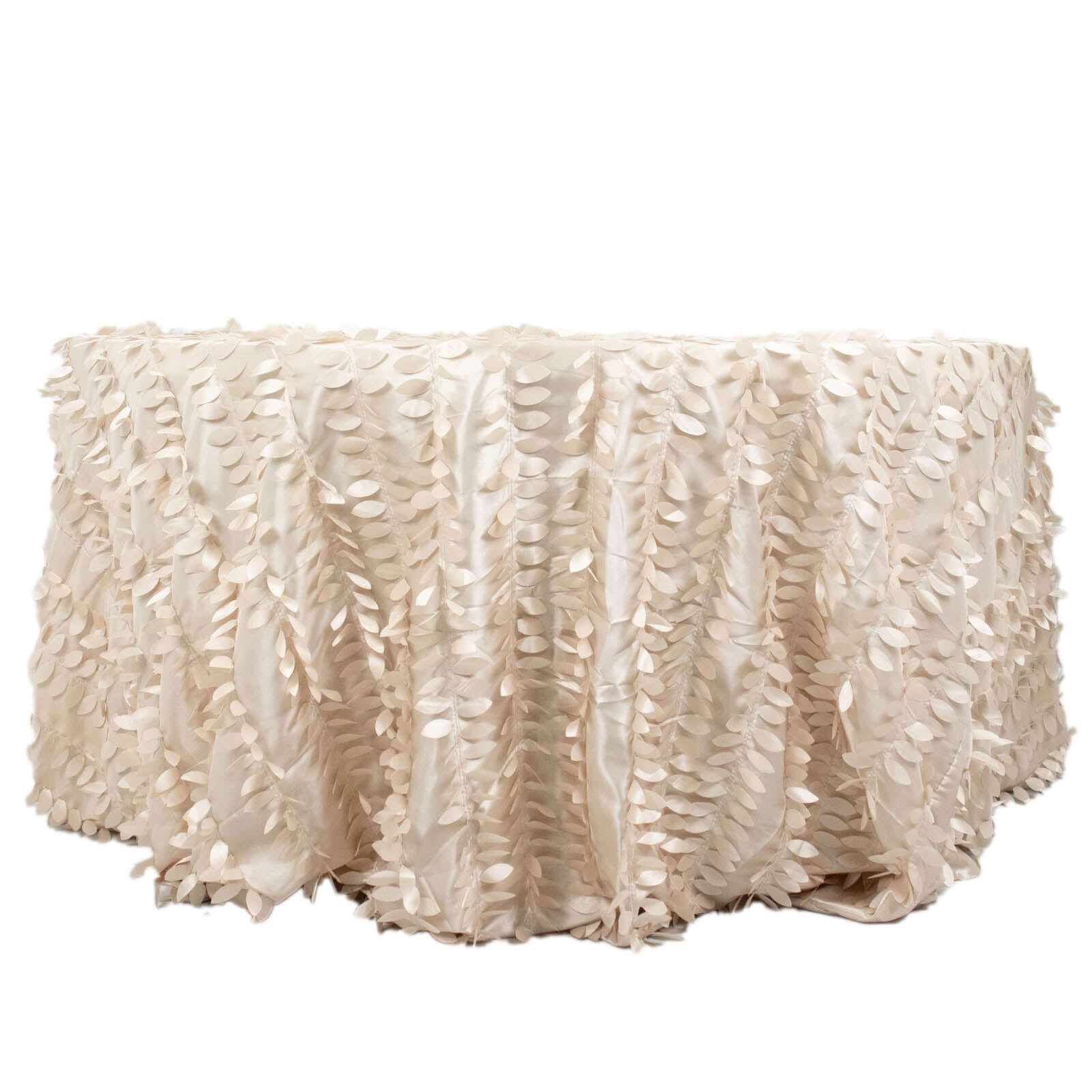 Exclusive Beige 132-Inch Round Taffeta Tablecloth with 3D Leaf Petal Design