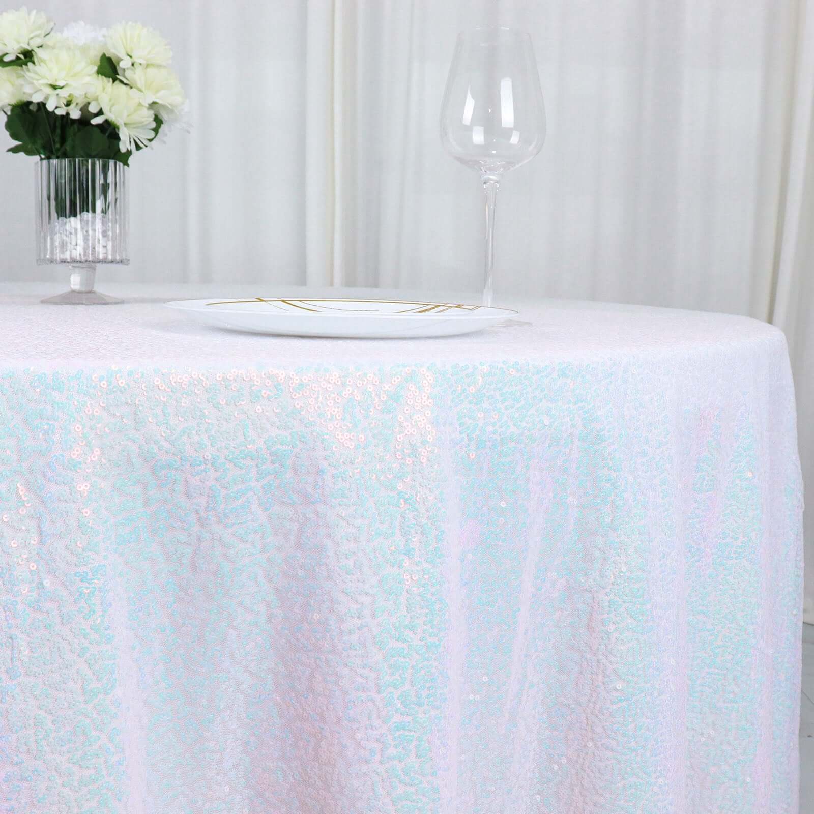 Hot! 120" Iridescent Blue Sequin Round Tablecloth - Seamless Glitter Cover