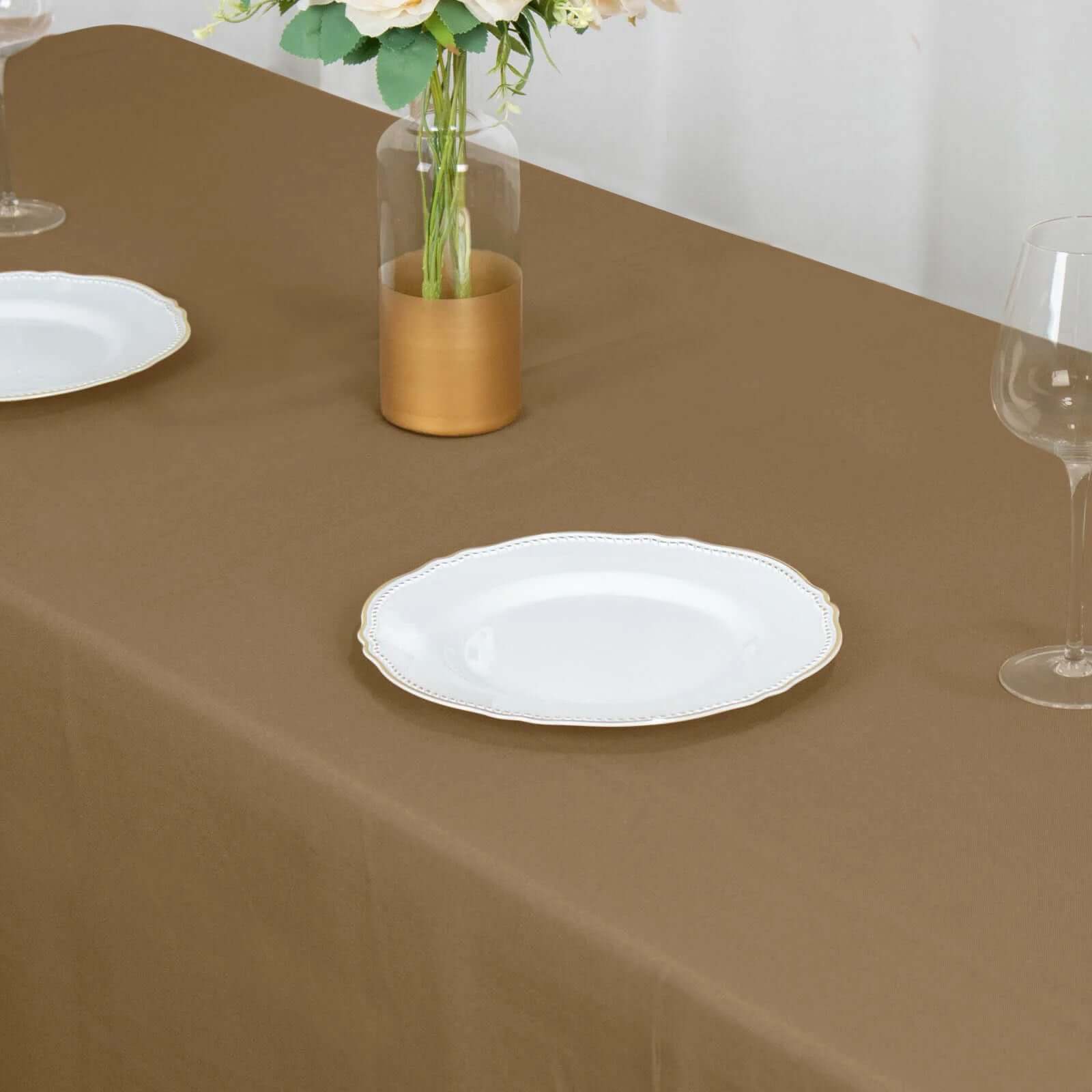 Get This Seamless, Wrinkle-Resistant 90x132 Polyester Rectangle Taupe Tablecloth Now!