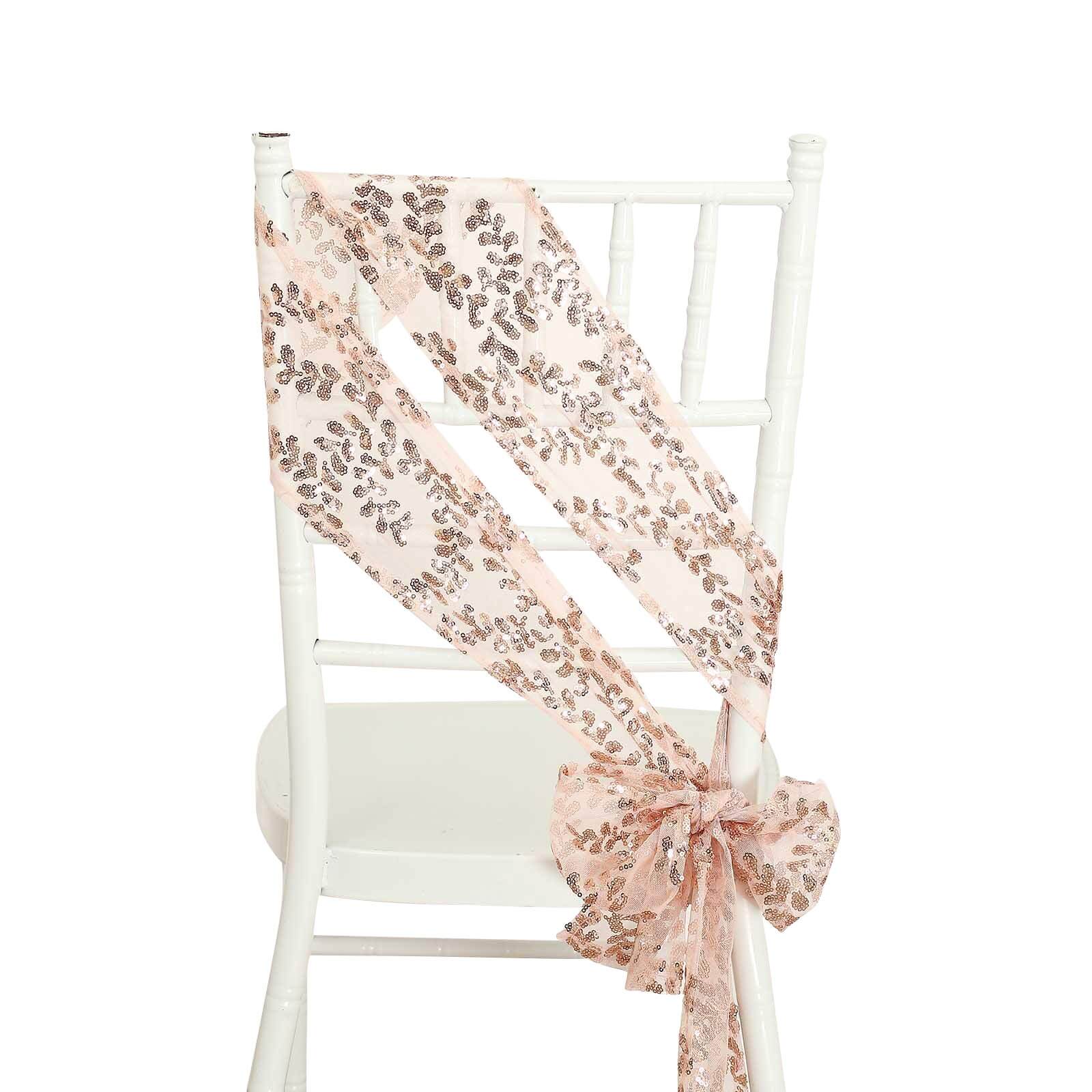 Hot Deal! 5-Piece Rose Gold Tulle Chair Sashes with Leaf Vine Sequin Embroideries, 6x88 Inches